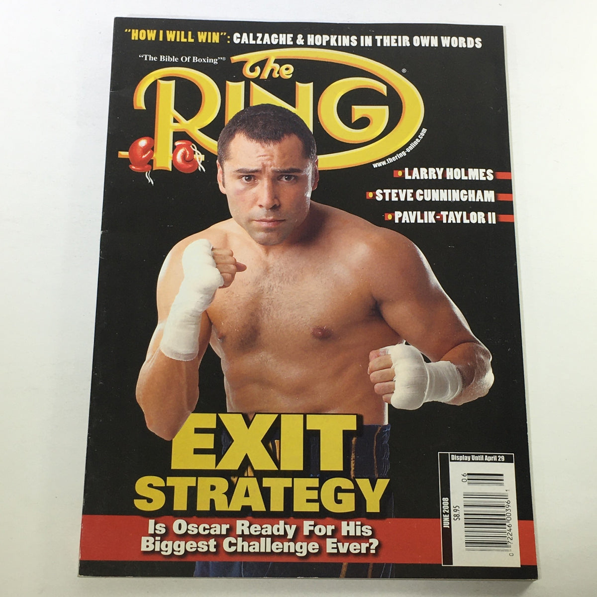 The Ring Boxing Magazine June 2008 featuring Larry Holmes on the cover, showcasing article title 'Exit Strategy' questioning Oscar De La Hoya's readiness for his biggest challenge, with a striking photo of a boxer in action.