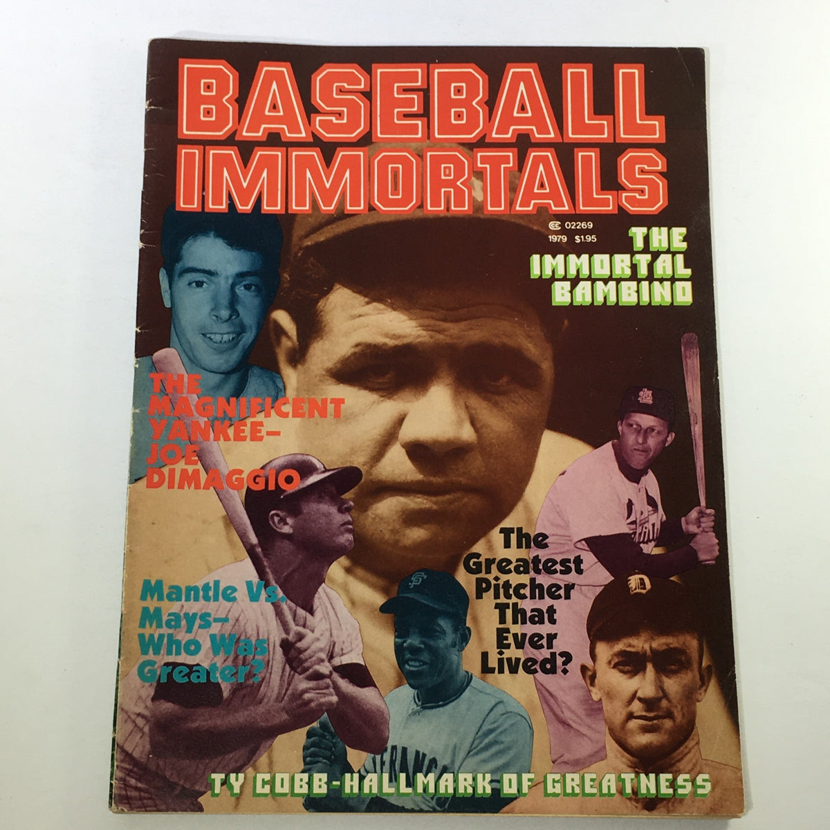 Cover of VTG Baseball Immortals Magazine 1979 Vol. 1 #1 featuring Babe Ruth and Joe DiMaggio, showcasing iconic baseball imagery and nostalgic sports themes.