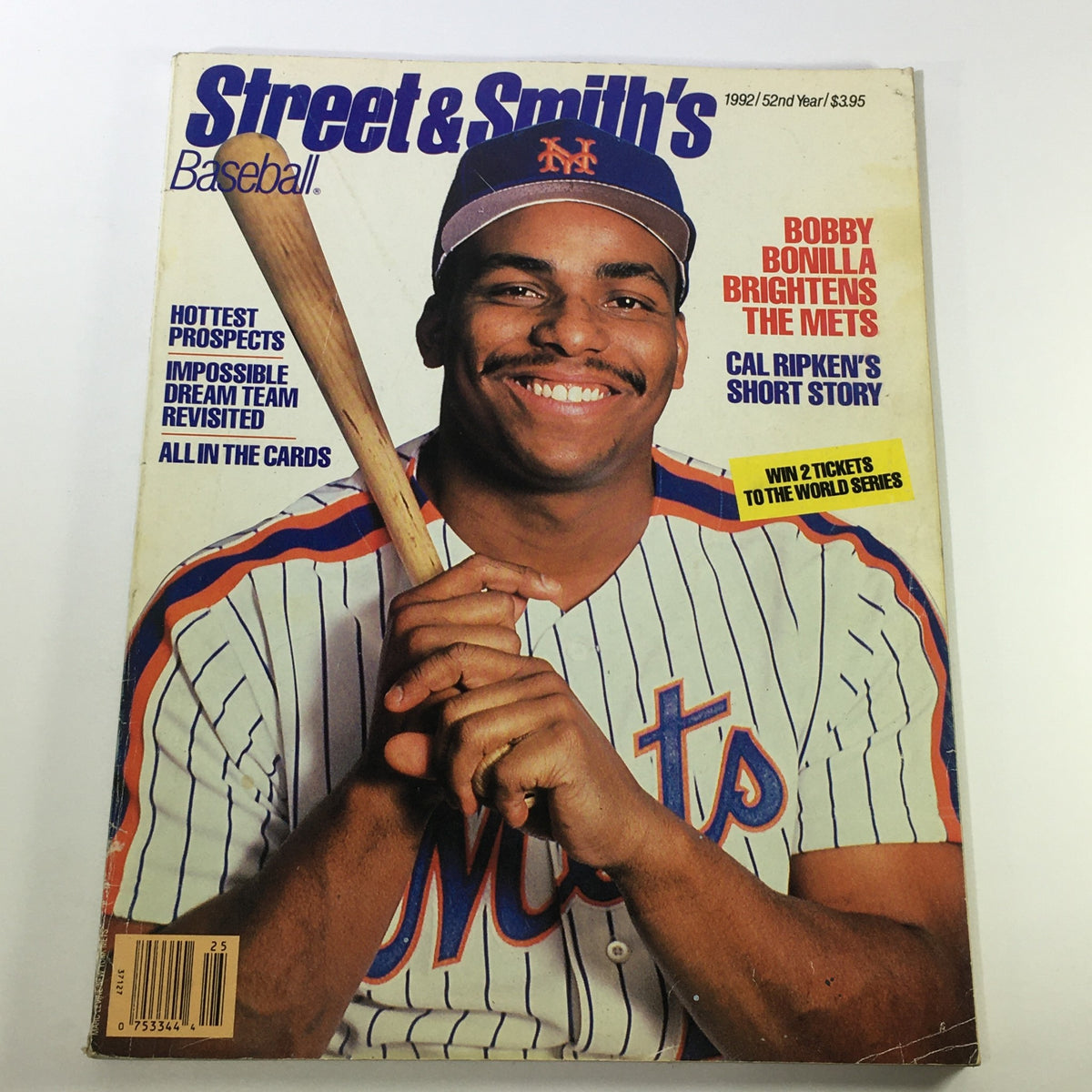 Vintage Street & Smith's Baseball Magazine from 1992 featuring Bobby Bonilla on the cover, showcasing his smile and baseball bat, highlighting the issue's focus on Bonilla's contributions to the New York Mets.