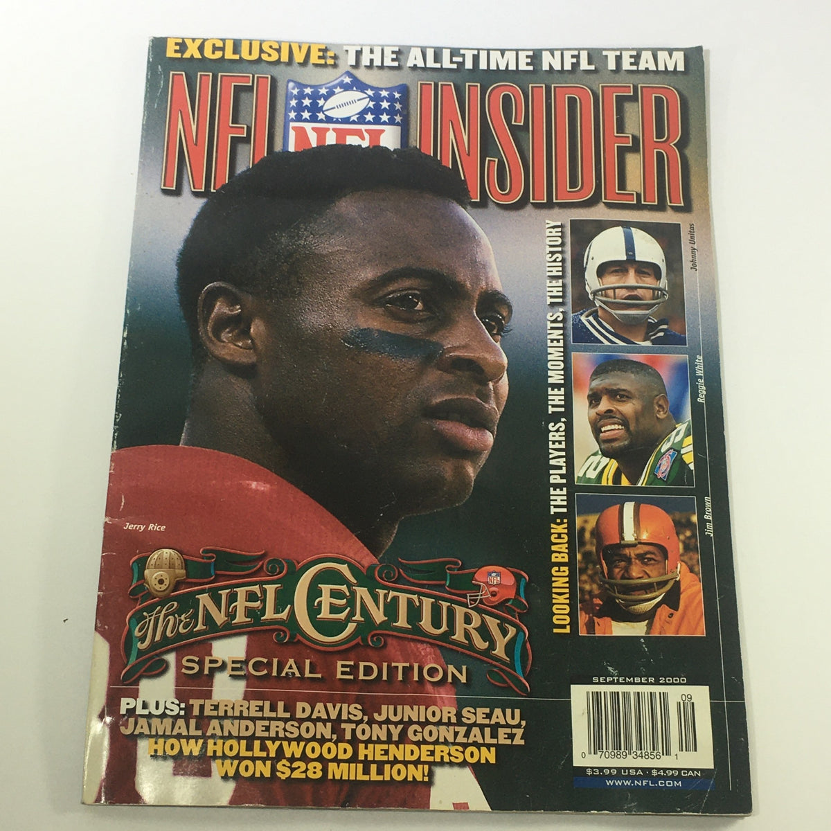 NFL Insider Magazine from September 2000 featuring Jerry Rice on the cover. This vintage edition highlights legendary NFL players including Johnny Unitas and Reggie White.
