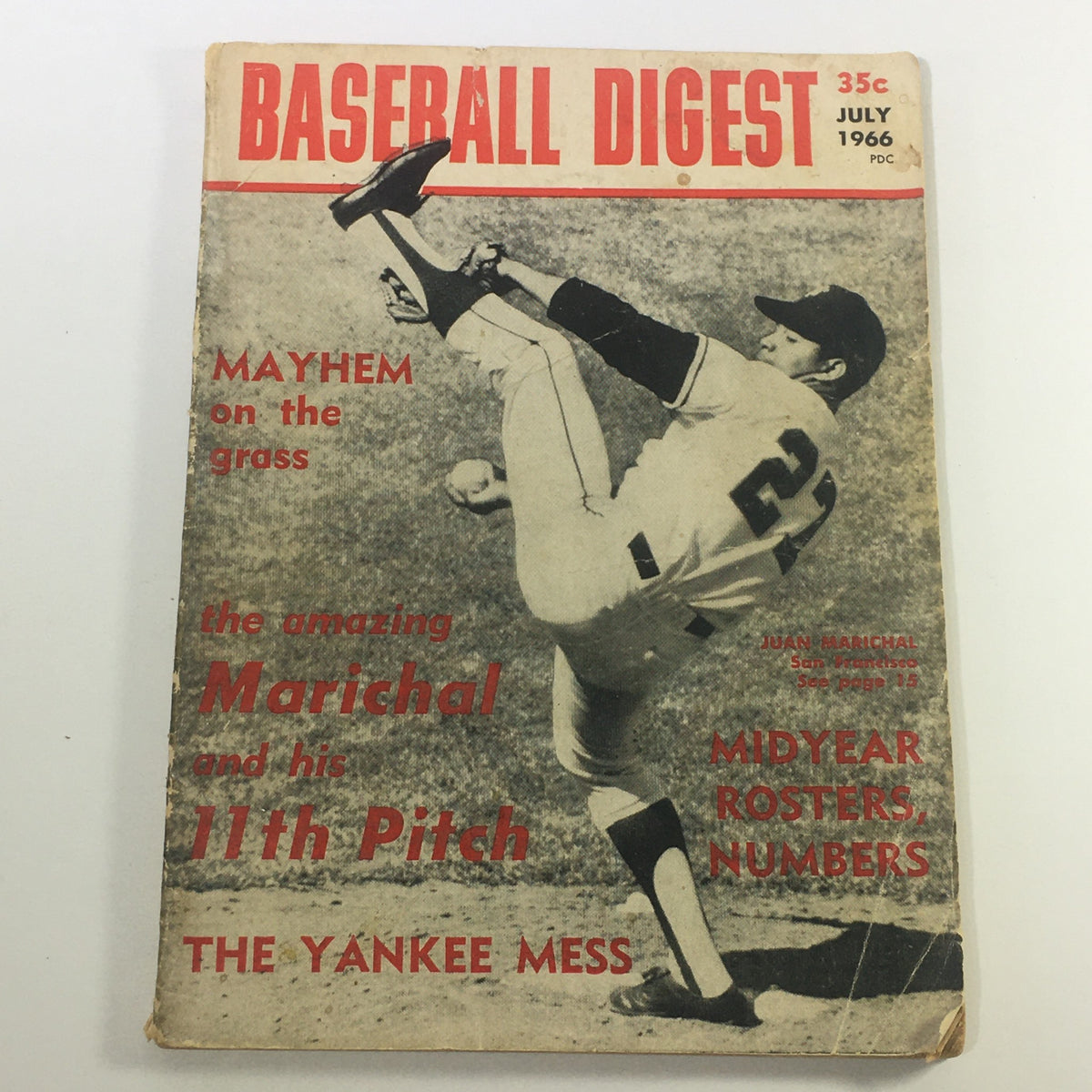 Baseball Digest Magazine July 1966 featuring Juan Marichal on the cover, showcasing the legendary pitcher in action with headlines about his pitching talent and baseball culture from the 1960s.