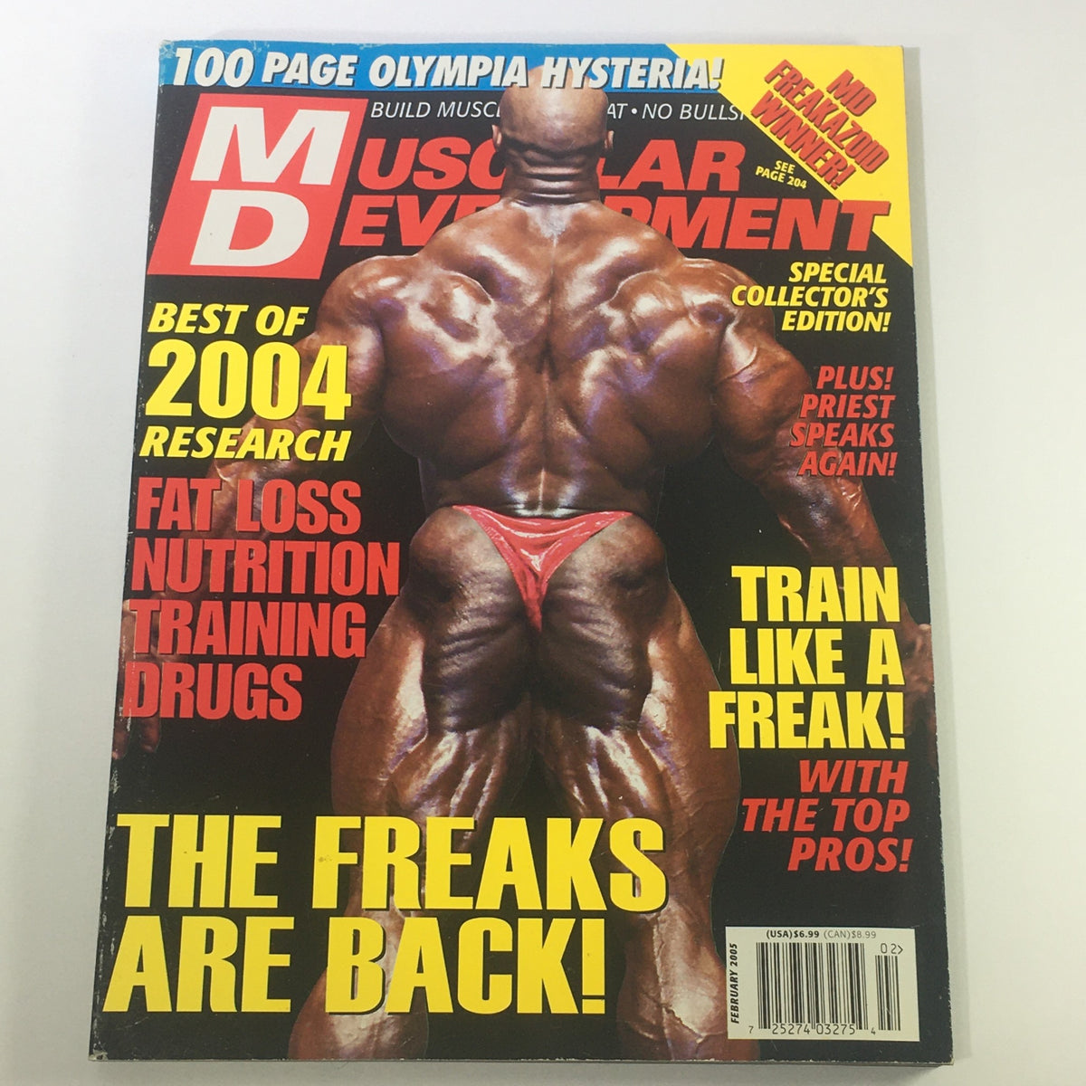 Cover of Muscular Development Magazine February 2005 featuring Ronnie Coleman, showcasing bodybuilding culture with headlines on fitness and nutrition, a must-have collectible for fitness enthusiasts.