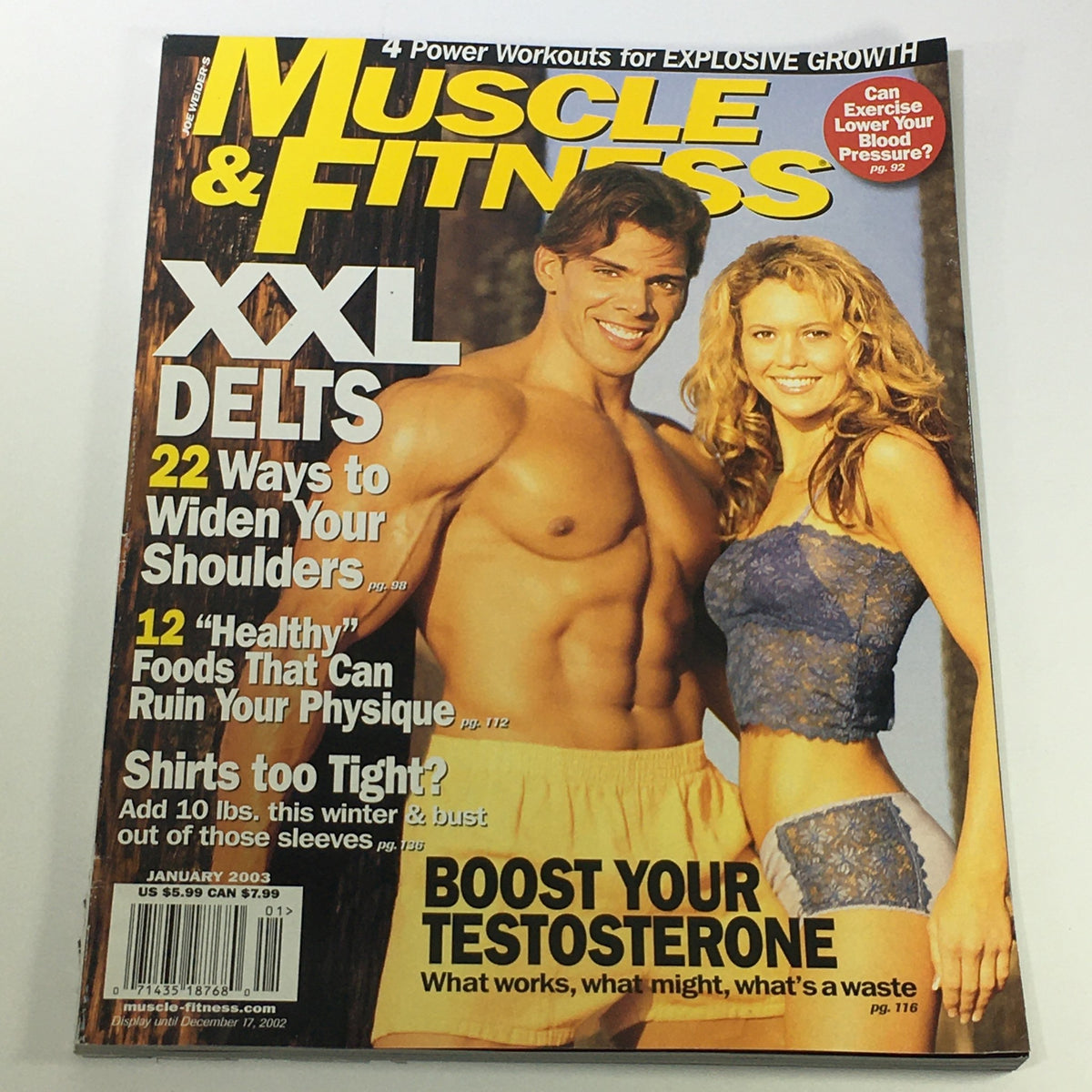 Cover of Joe Weider's Muscle & Fitness Magazine, January 2003, featuring 'XXL Delts,' showcasing fitness tips and workout routines for building shoulders, highlighting a fit male model and a female model.