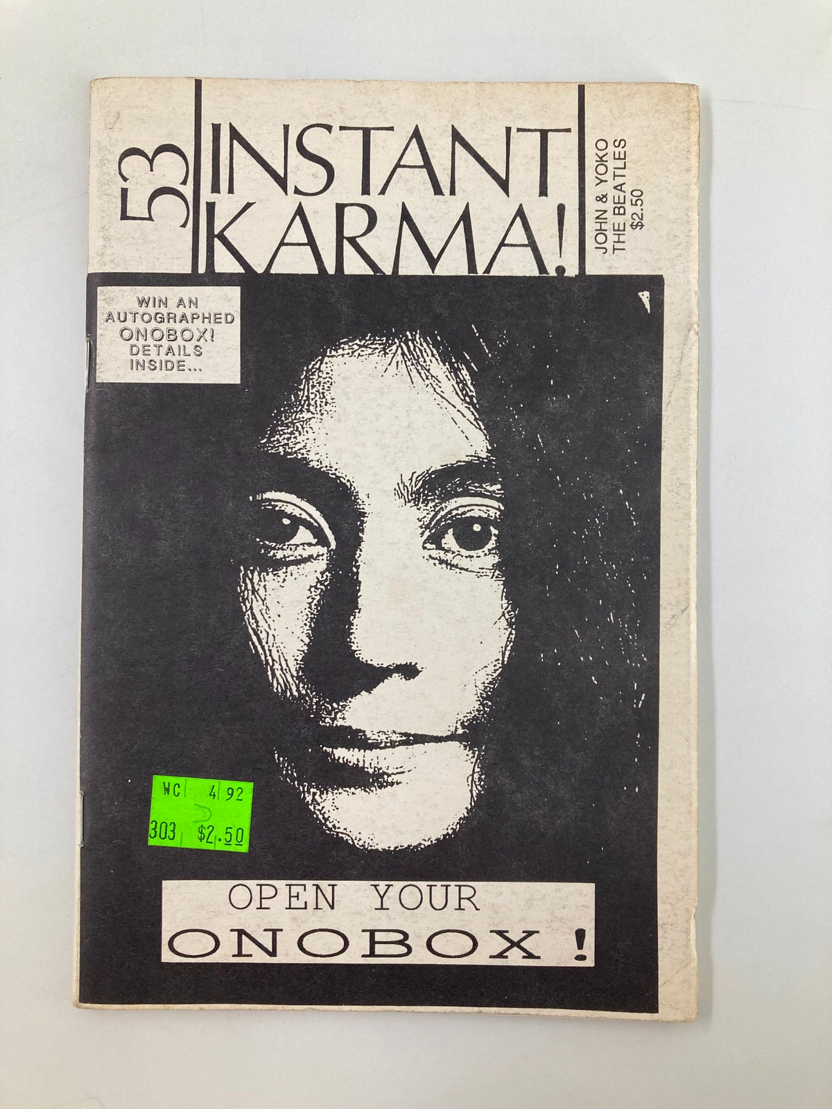 Cover of Instant Karma Magazine March 1992 featuring John Lennon and Yoko Ono, showcasing a bold design and vintage price sticker.