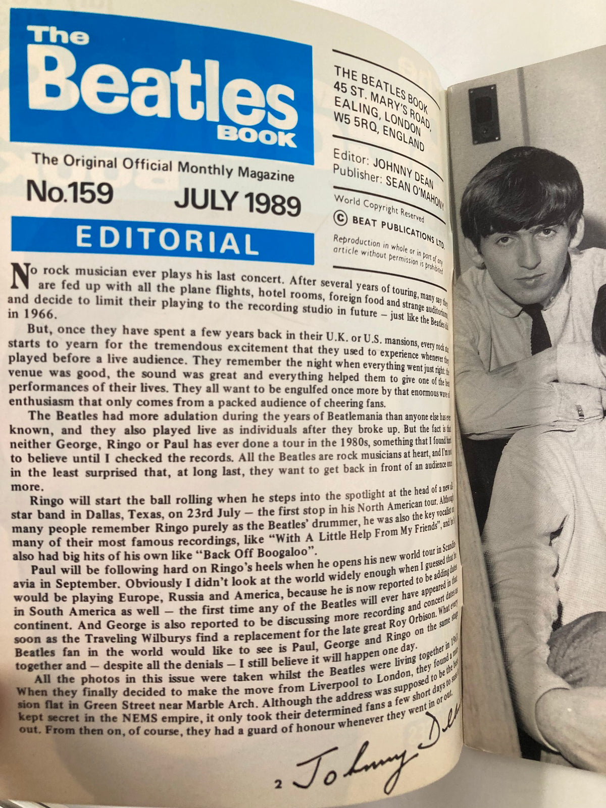 Editorial page from VTG The Beatles Book Monthly Magazine July 1989 No. 159, featuring introductory remarks about The Beatles and their experiences in the music industry.