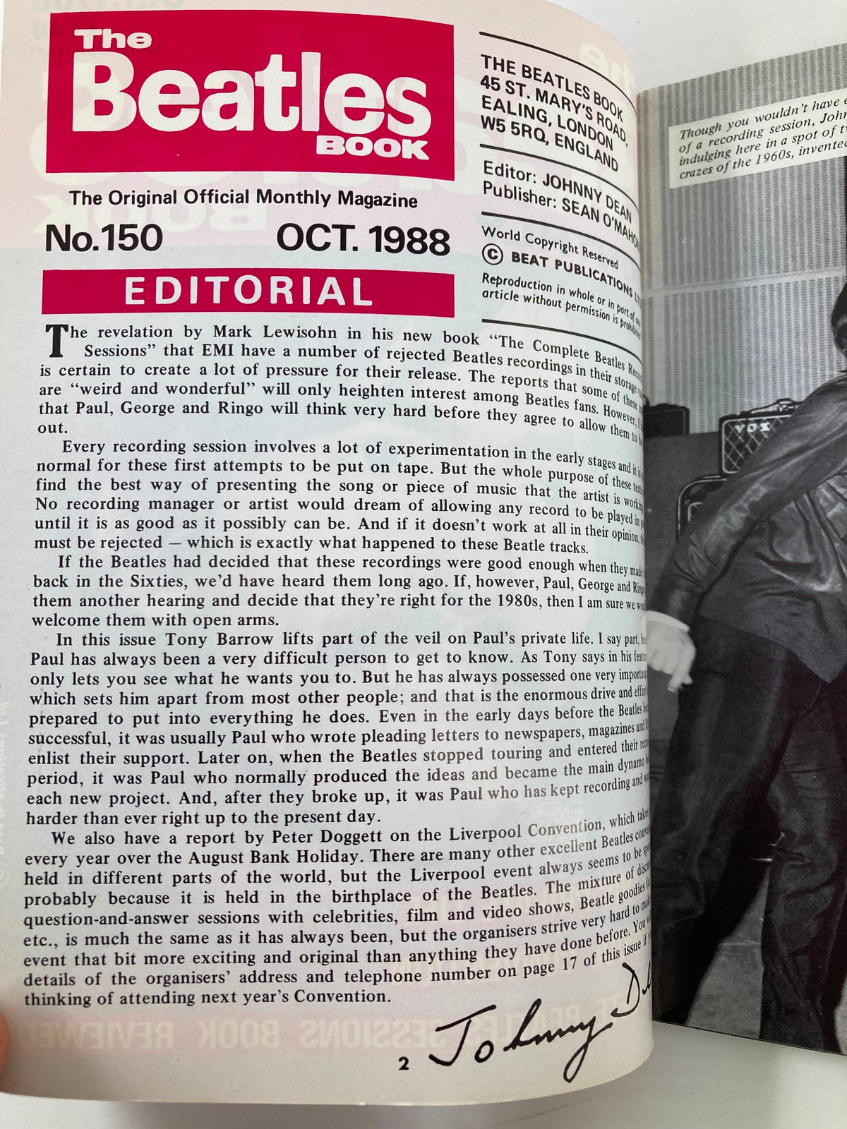 Editorial page from The Beatles Book Monthly Magazine, October 1988, No. 150, highlighting details of Paul McCartney's private life and a Liverpool convention.
