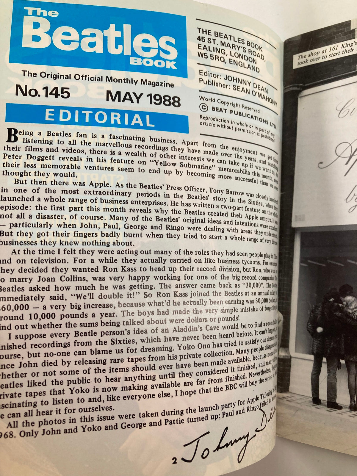 Editorial page from The Beatles Book Monthly Magazine May 1988 No. 145 featuring reflections on Beatles history and their business ventures.