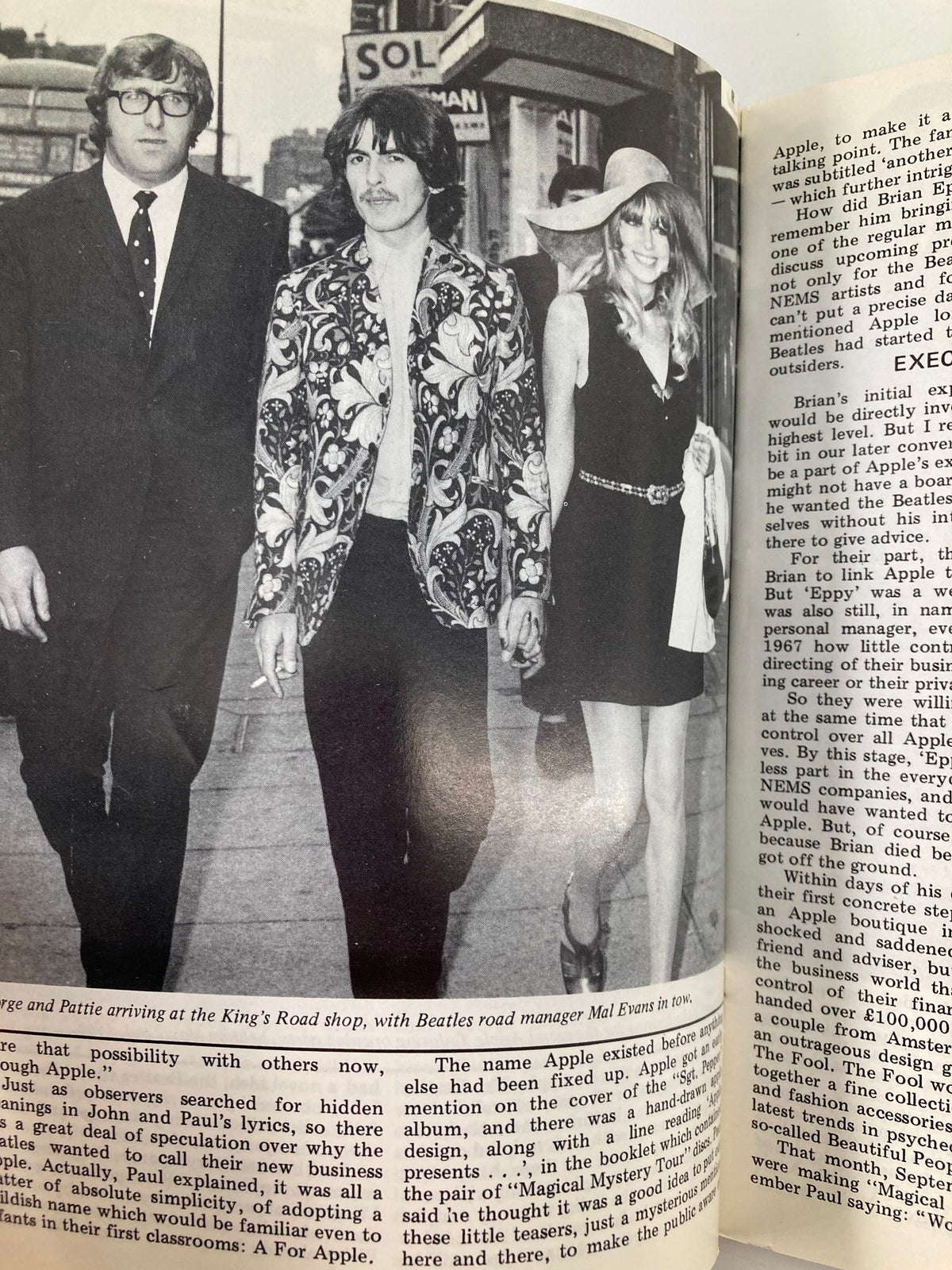 George Harrison and Pattie Boyd arriving at the King's Road Apple shop, as featured in The Beatles Book Monthly Magazine May 1988 No. 145.