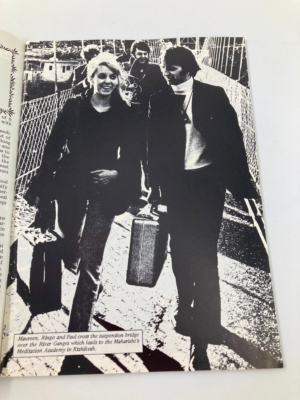 Image from The Beatles Book Monthly Magazine April 1988 showing Maureen, Ringo, and Paul crossing a suspension bridge over the River Ganges on their way to the Maharishi's Meditation Academy in Rishikesh.