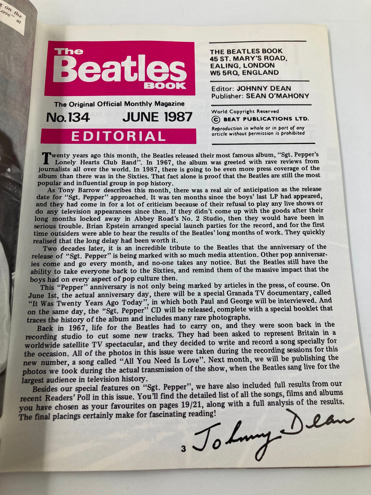 Inside page of The Beatles Book Monthly Magazine June 1987 No. 134 with editorial details and insights on the significance of Sgt. Pepper's Lonely Hearts Club Band.