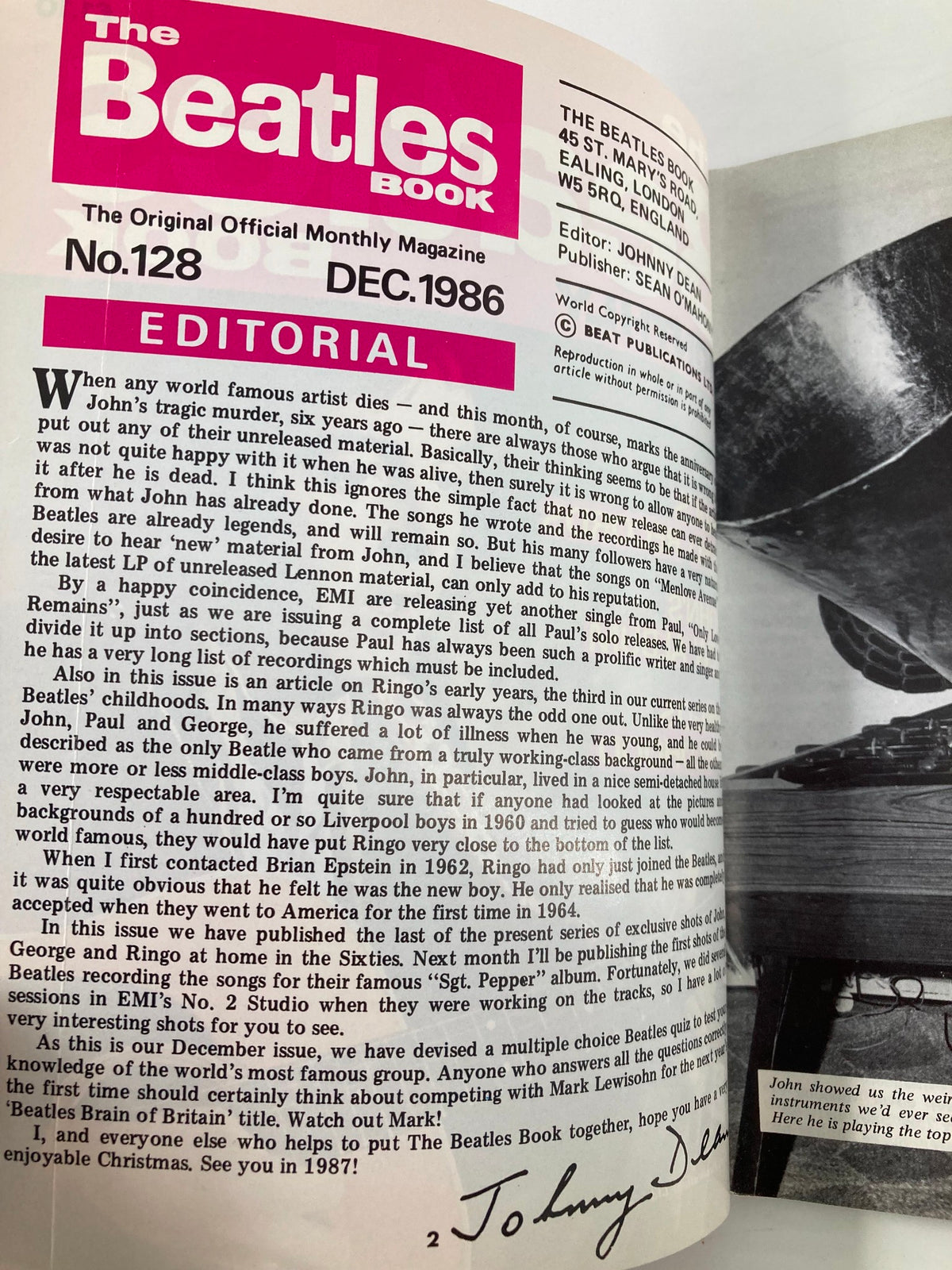 Editorial page of The Beatles Book Monthly Magazine December 1986 Issue #128, discussing the legacy of John Lennon and the band, with colorful magazine layout.