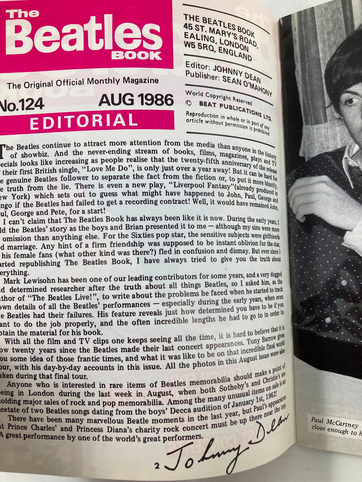 Inside page of The Beatles Book Monthly Magazine August 1986 Issue #124 featuring the editorial section discussing the band's impact on music history.