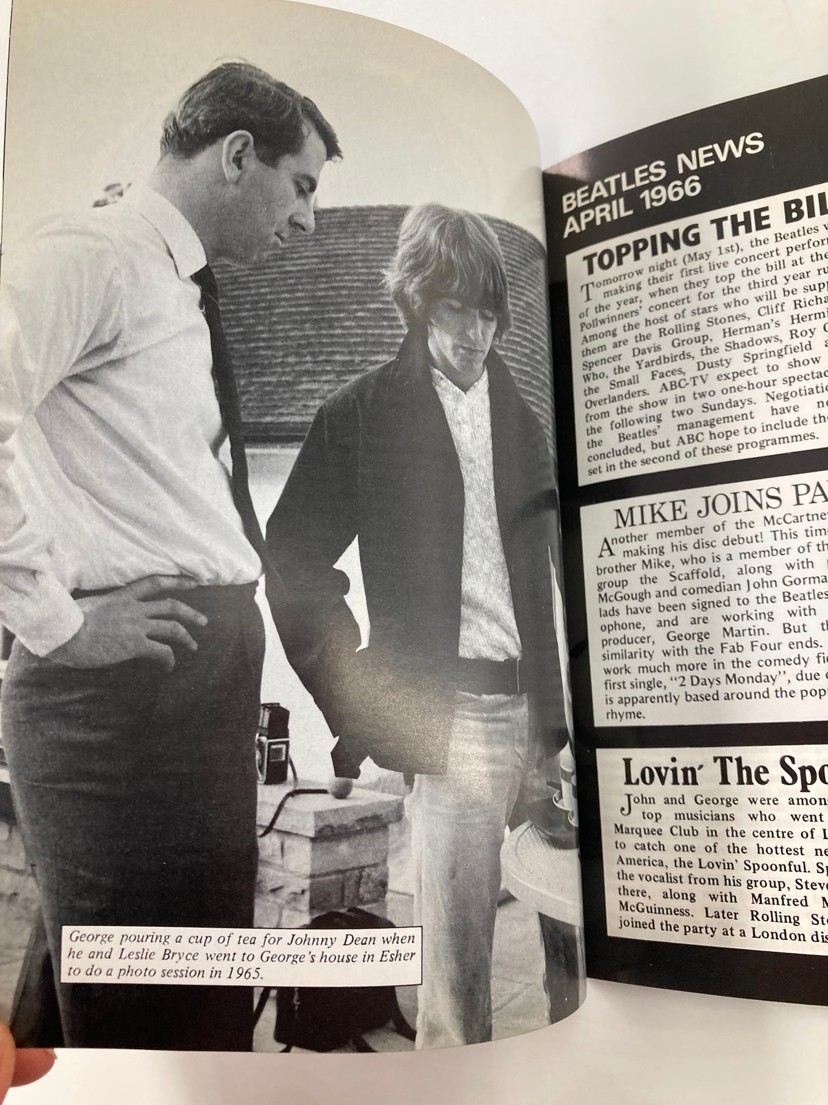 The Beatles Book Monthly Magazine May 1986 Issue #121 featuring historical context with iconic images related to Paul McCartney and George Harrison from the 1960s.