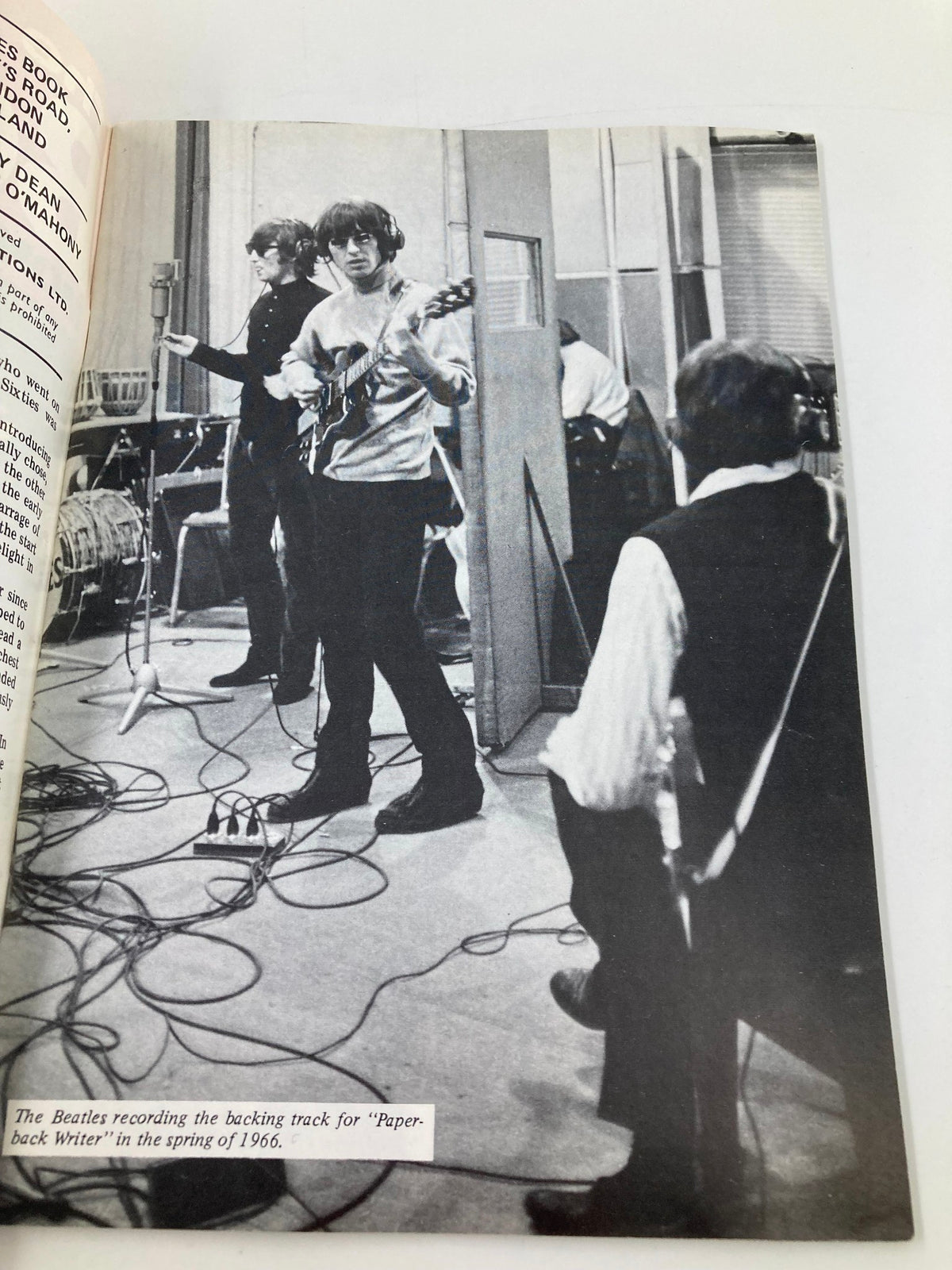 Historic image of The Beatles in a recording studio during the making of 'Paper Back Writer', featured in The Beatles Book Monthly Magazine April 1986 #120.