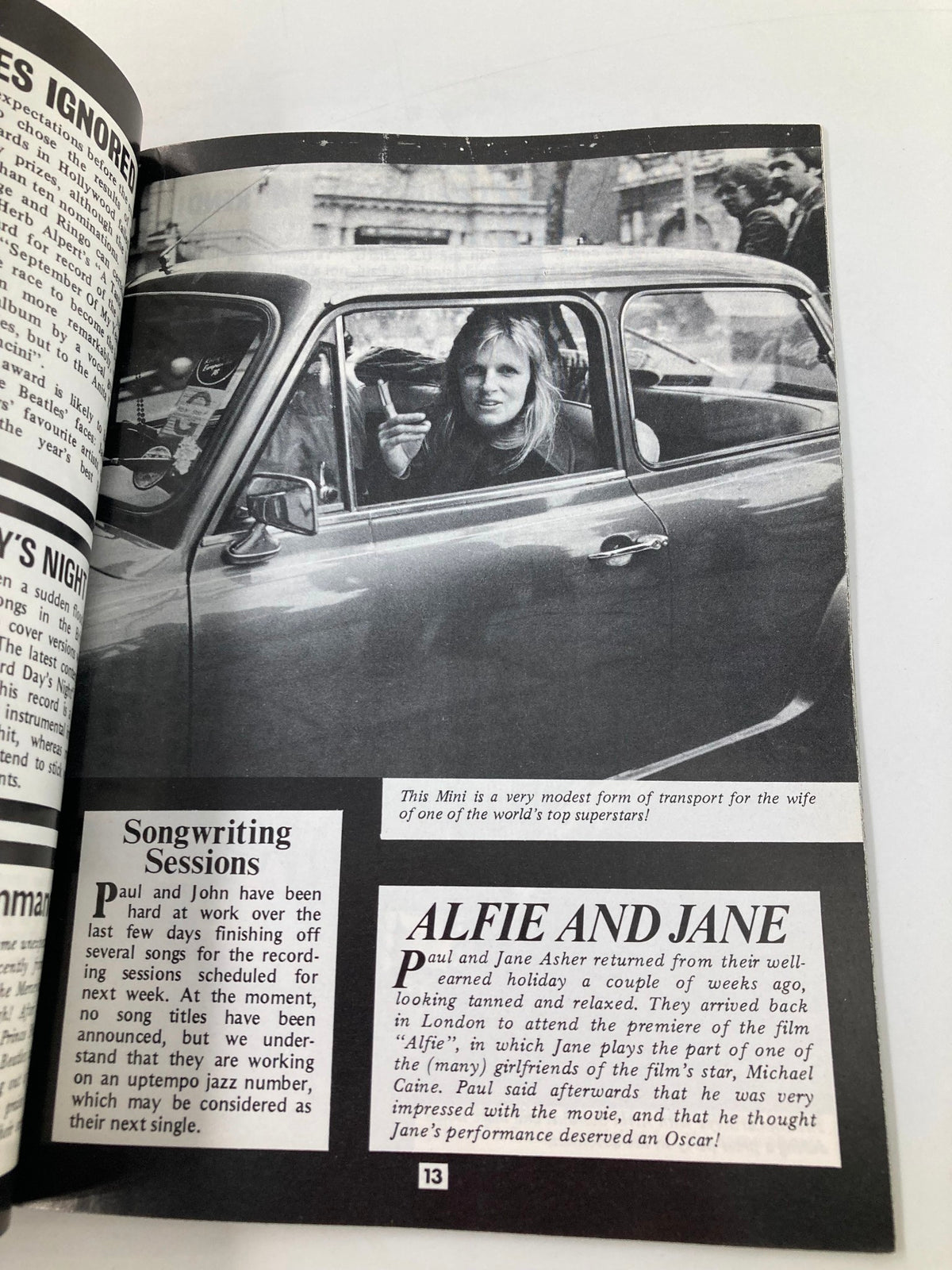 A page from The Beatles Book Monthly Magazine April 1986 #120 featuring an article about Paul and Jane Asher, showcasing a black and white photo of Jane Asher in a car, along with text discussing their recent holiday and mentions of songwriting sessions with Paul McCartney.