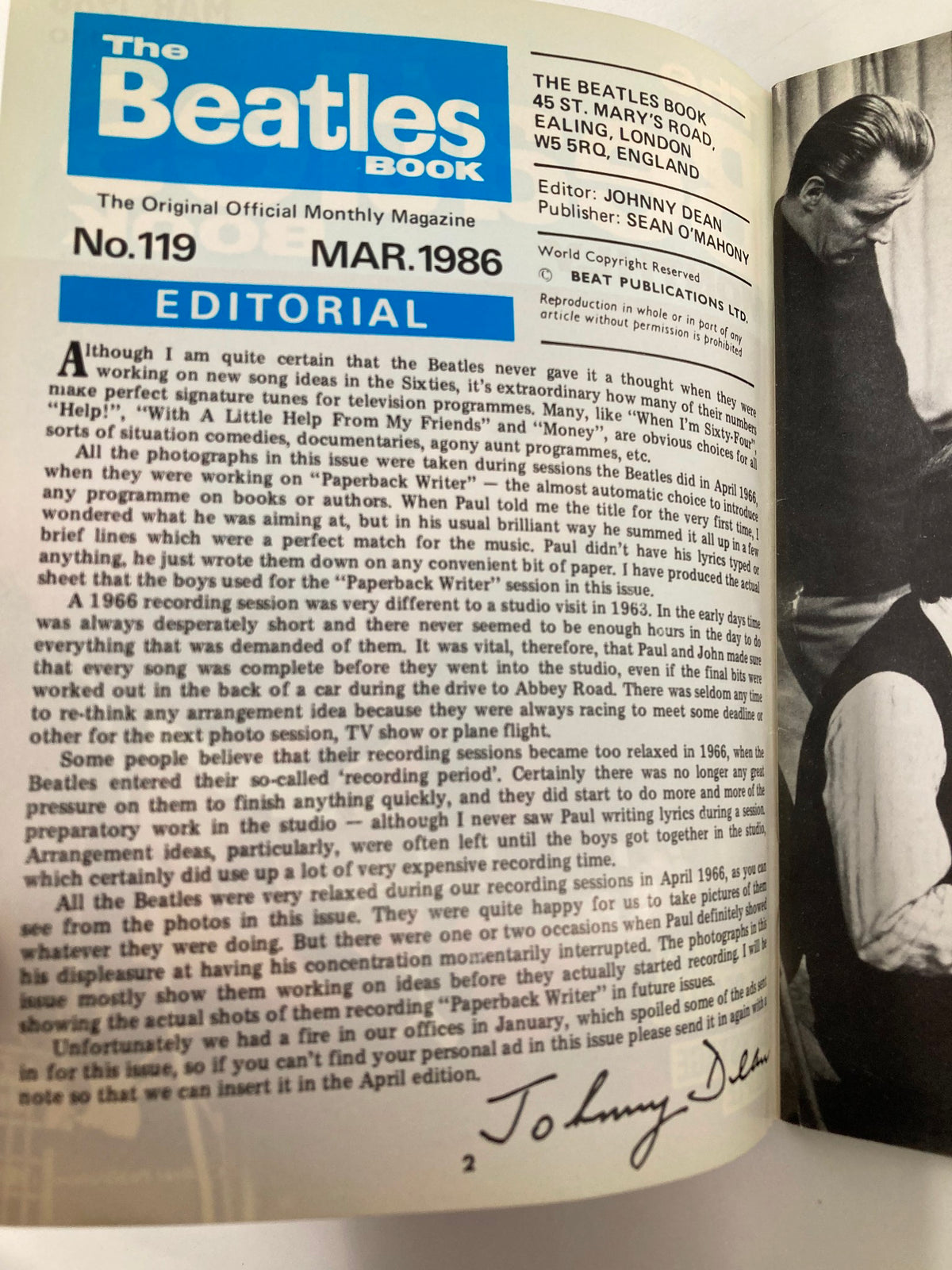 Editorial page from The Beatles Book Monthly Magazine, March 1986, Issue #119 detailing insights into the band’s recording sessions and artistic processes.