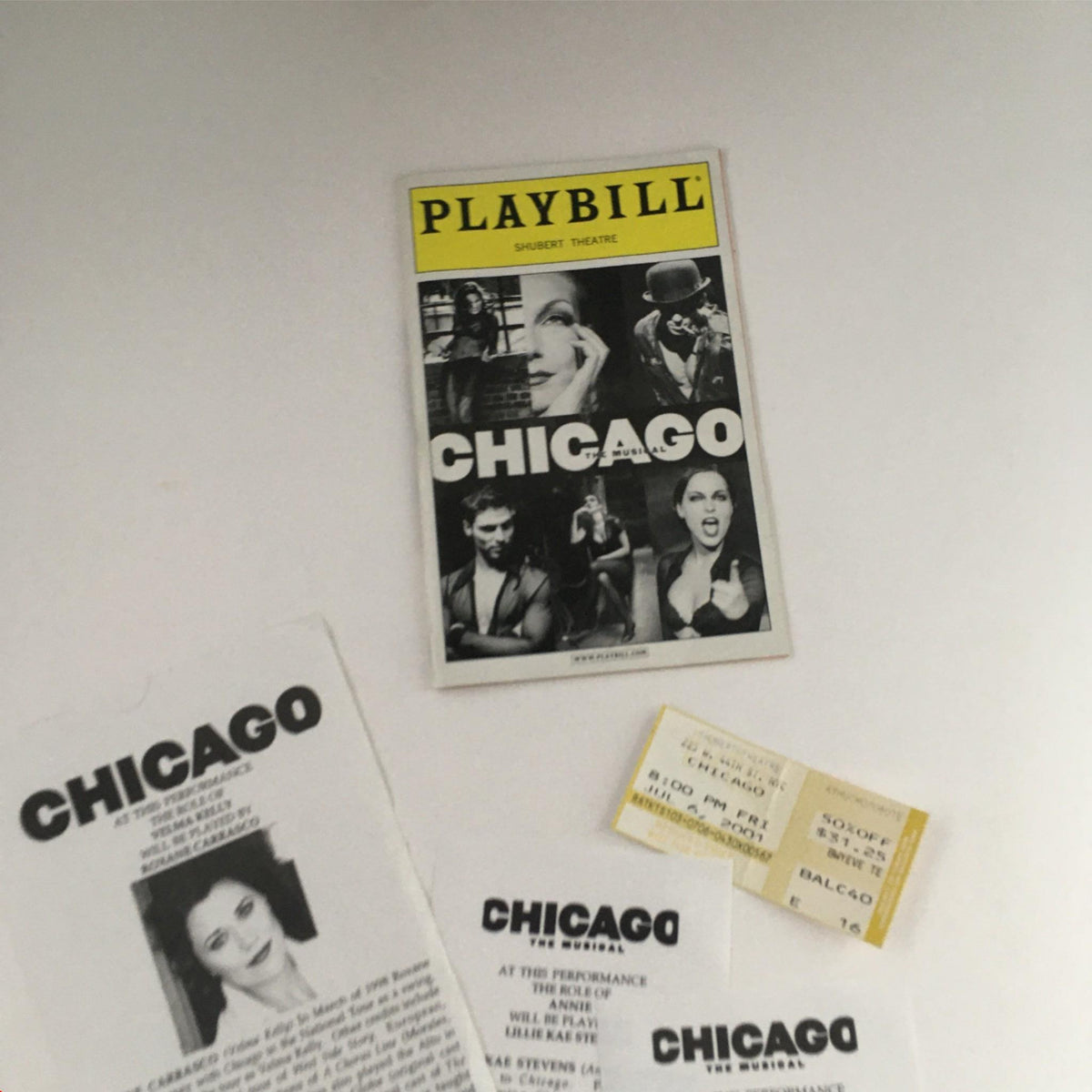 2001 Playbill Chicago The Musical by Walter Bobbie, featuring images of the cast, tickets, and promotional materials from the performance at Shubert Theatre.