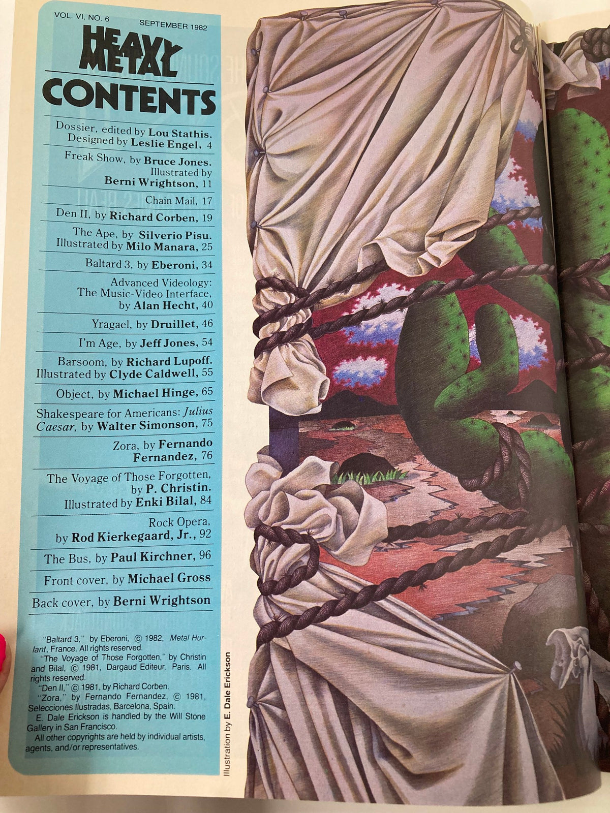 Contents page of VTG Heavy Metal Magazine September 1982, displaying an overview of featured articles and illustrations, highlighting significant narratives related to the music-video interface.