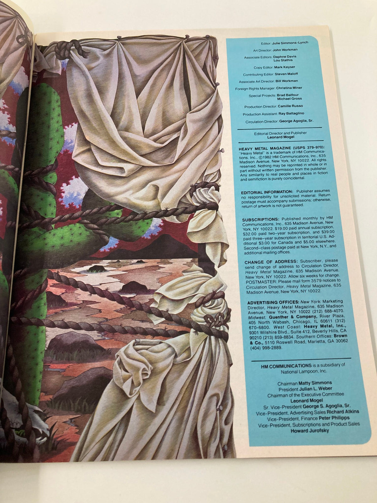 Editorial page of VTG Heavy Metal Magazine September 1982, presenting detailed information about the publication's structure, including staff credits and subscription information, illustrating the magazine's commitment to quality and creativity.