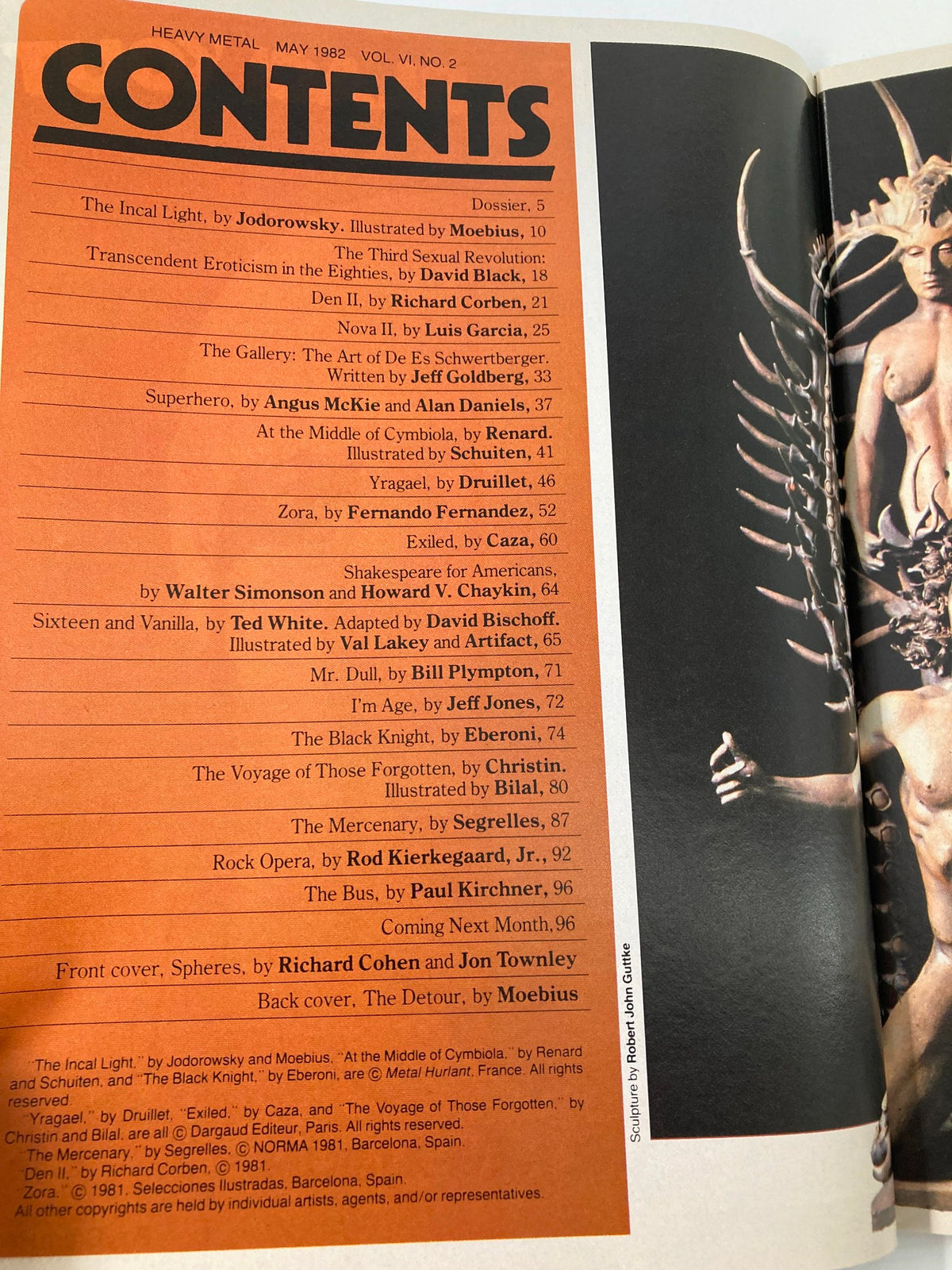 Table of contents for VTG Heavy Metal Magazine May 1982 listing featured stories and art, including contributions by Richard Corben and Moebius.
