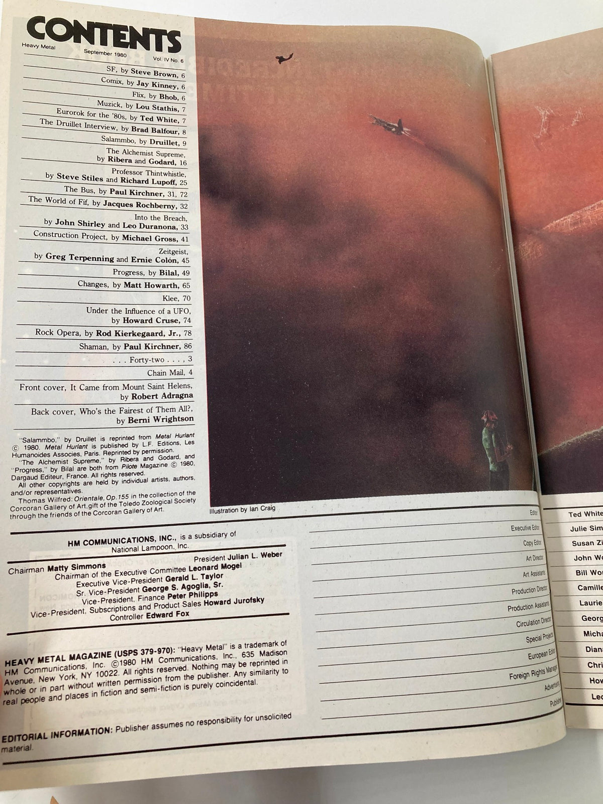 Contents page from the VTG Heavy Metal Magazine September 1980, listing various articles and illustrations within the issue, enhancing its vintage appeal.