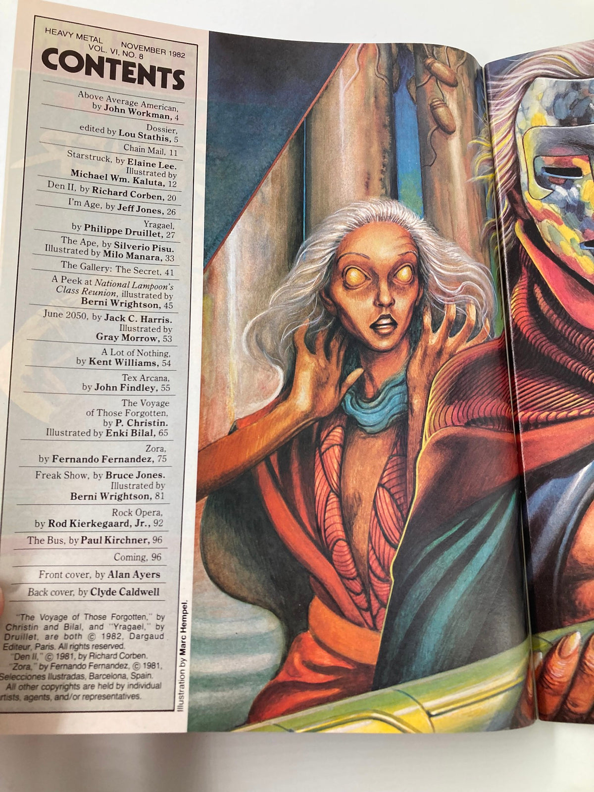 Table of contents page from Heavy Metal Magazine November 1982 showcasing various stories and illustrations, highlighting 'The Voyage of Those Forgotten'.