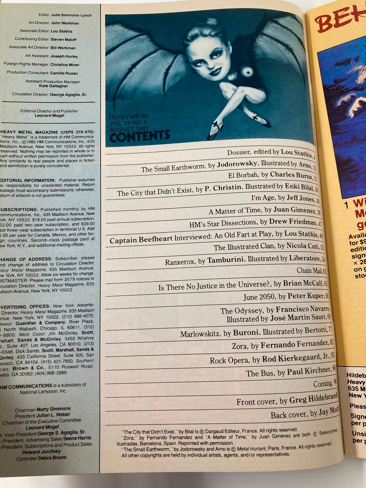 Inside pages of VTG Heavy Metal Magazine August 1983 displaying the table of contents with artwork by Juan Gimenez and others.