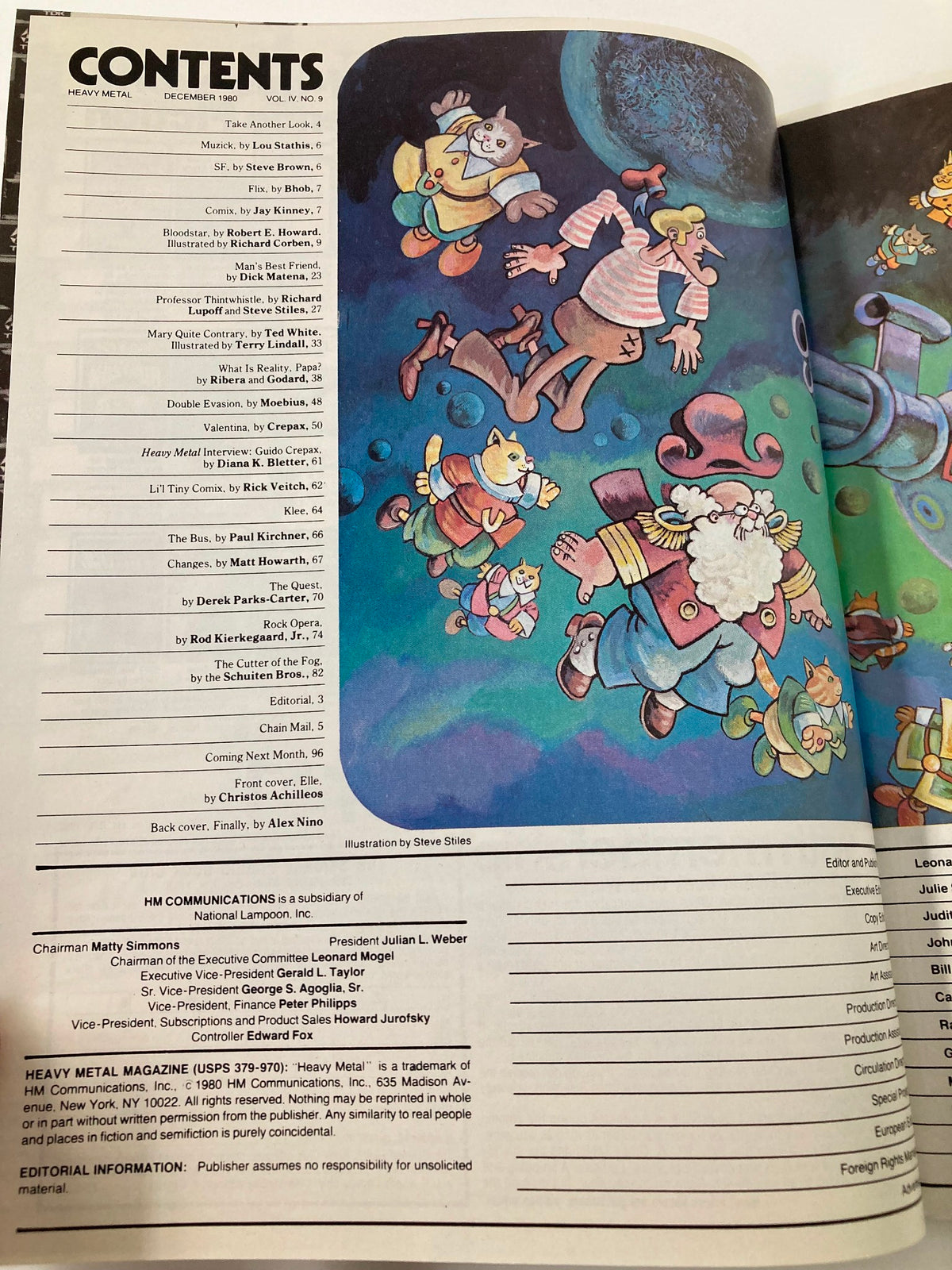 Contents page of VTG Heavy Metal Magazine December 1980, listing various stories and illustrations, highlighting the diverse themes of fantasy and science fiction.