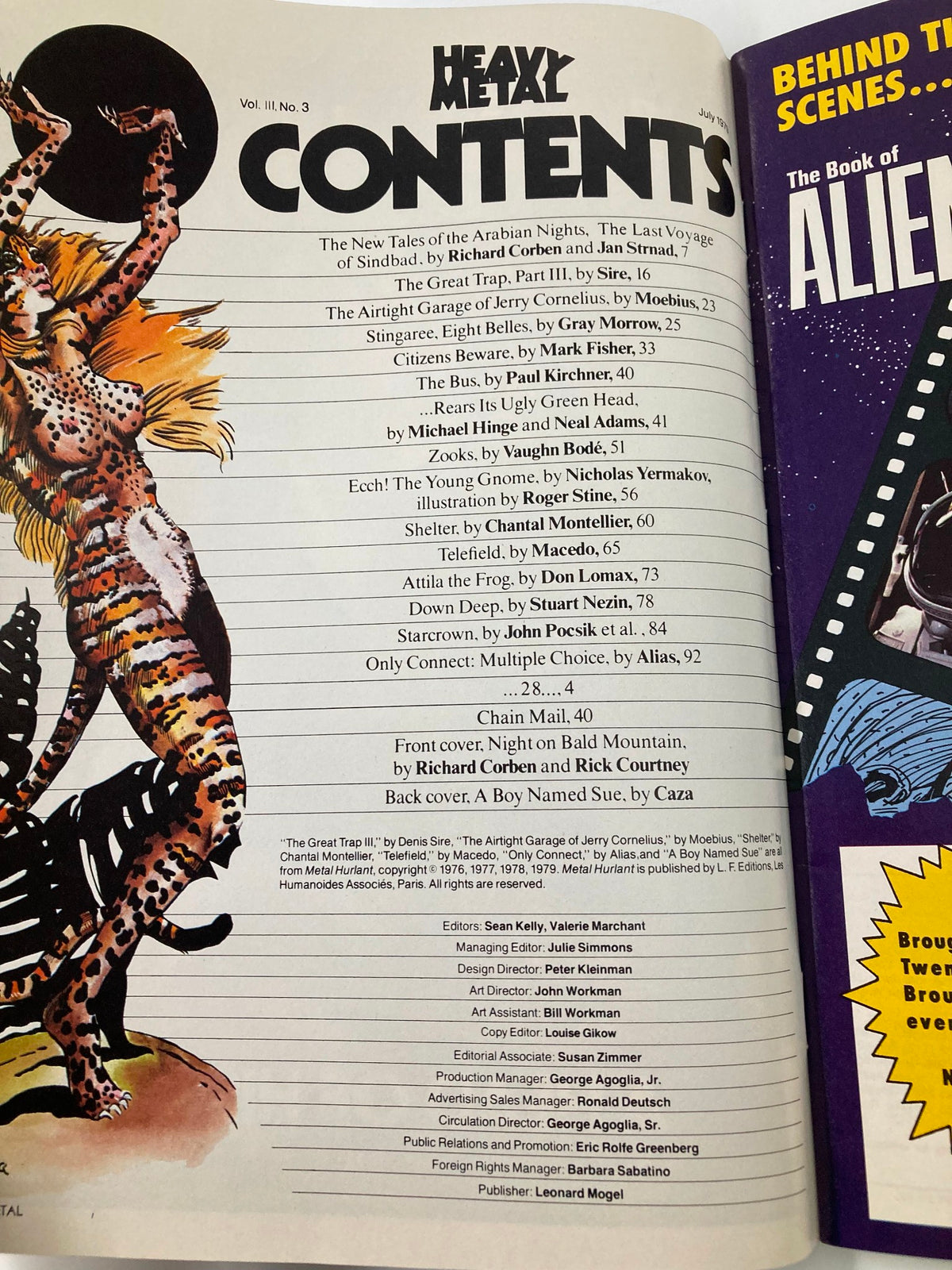 Inside content page of VTG Heavy Metal Magazine July 1979, highlighting stories such as 'The New Tales of the Arabian Nights' and 'Attila the Frog'. A colorful illustration adds to the magazine's artistic appeal.