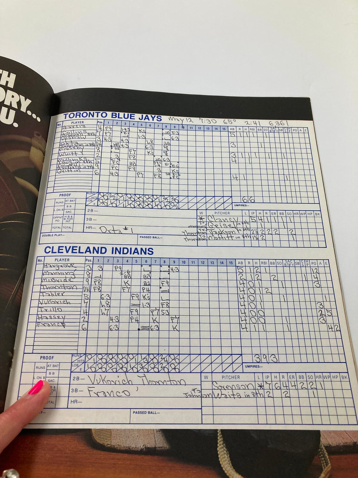 Interior page of the 1983 MLB Cleveland Indians Official Souvenir Program displaying game statistics for the Toronto Blue Jays and Cleveland Indians.