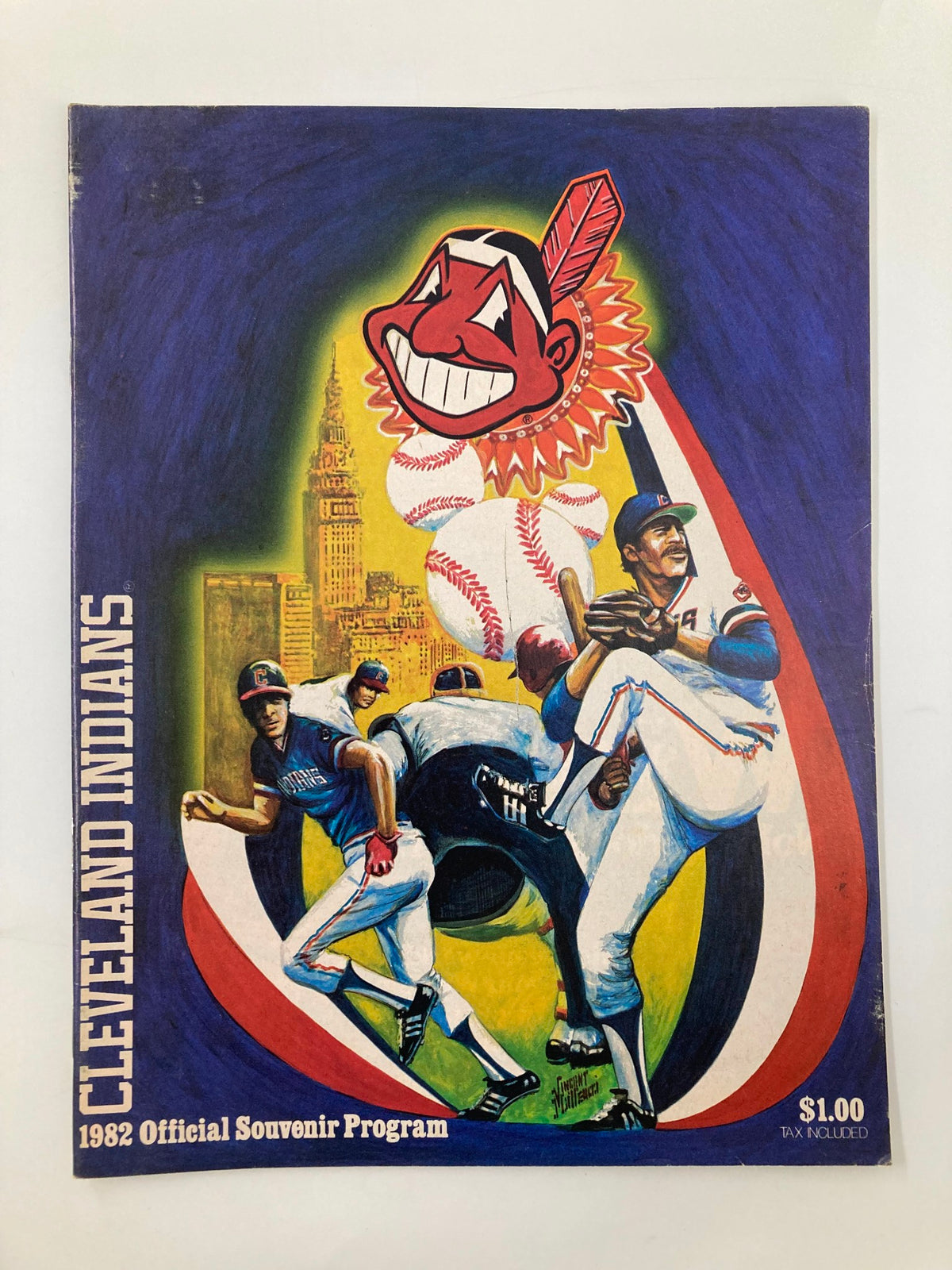 1982 MLB Cleveland Indians vs Seattle Mariners Official Souvenir Program cover featuring vibrant artwork of a baseball player and the Cleveland Indians mascot, showcasing details like the city skyline and the price of $1.00.