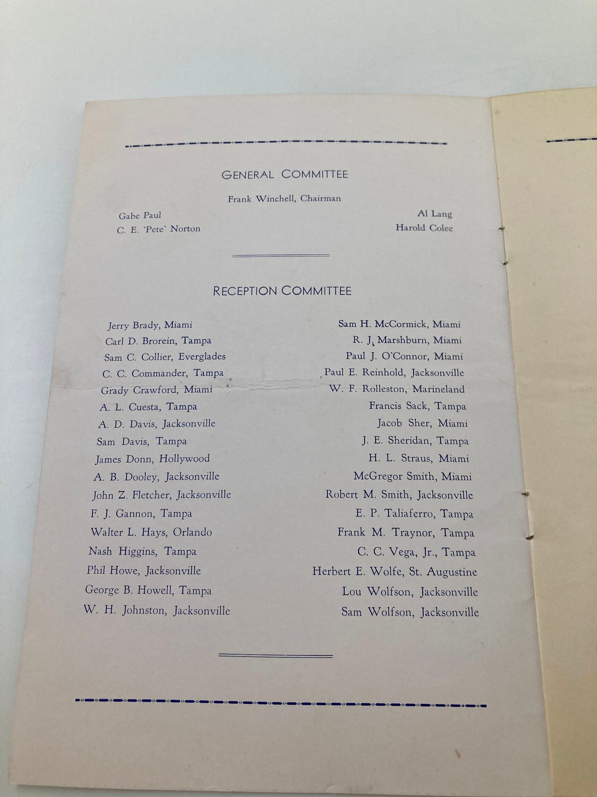 Inside view of the March 22 1949 3rd Annual Governor's Dinner Club Officials Baseball program, displaying the general and reception committee members.