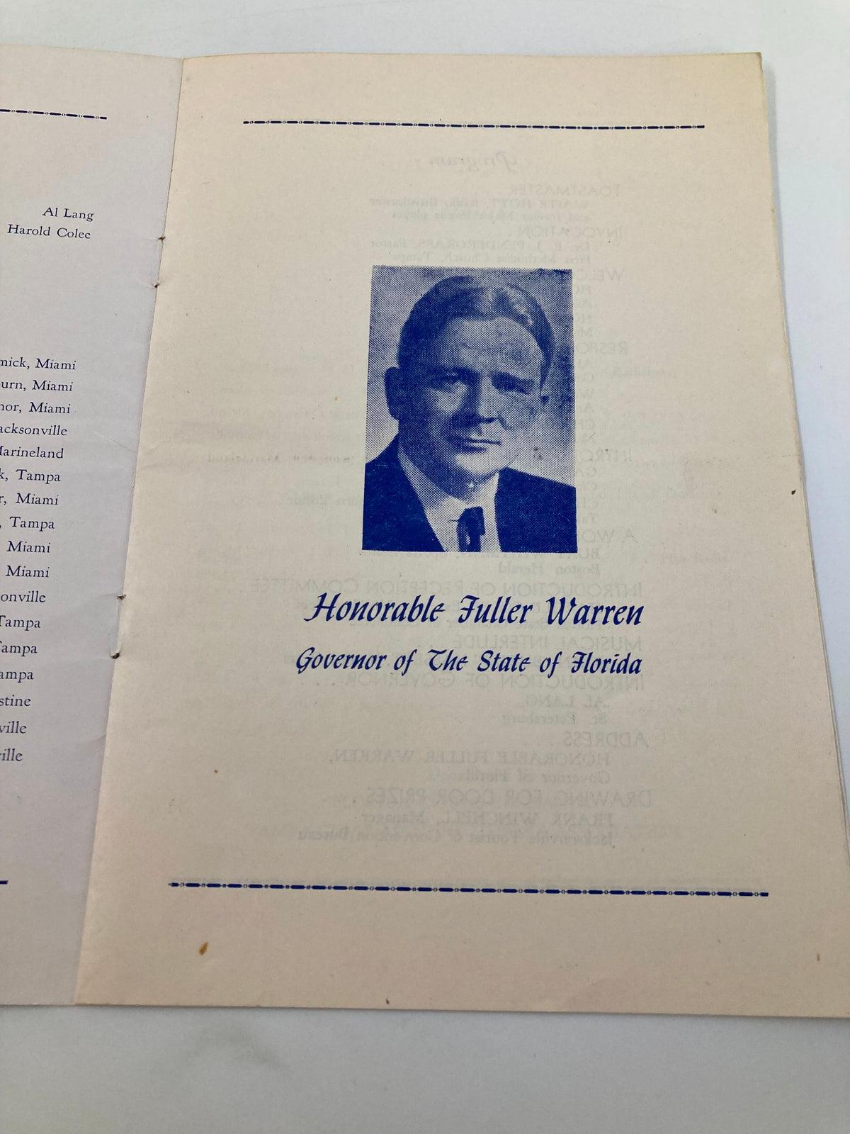 Page from the March 22 1949 3rd Annual Governor's Dinner Club Officials Baseball program featuring an image of Honorable Fuller Warren, Governor of Florida.