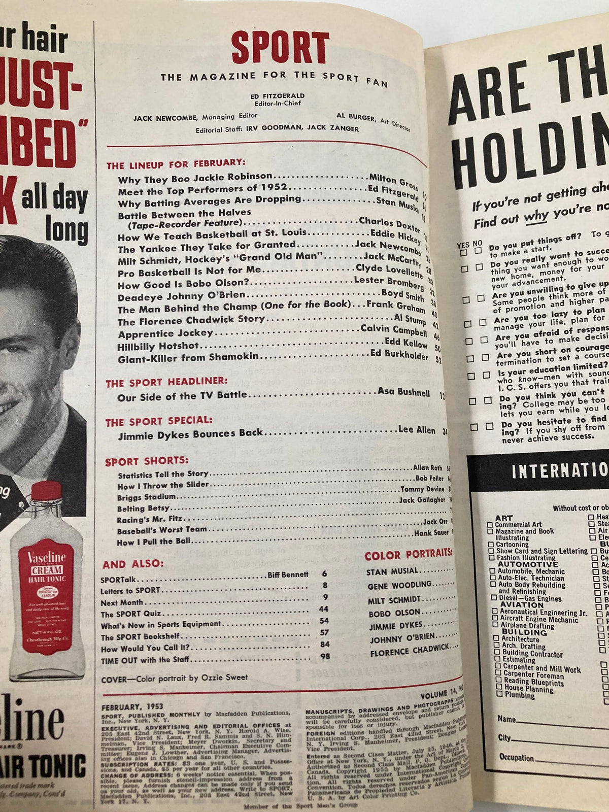 Inside page of VTG Sport Magazine February 1953 displaying the table of contents, including articles on sports legends and highlights from the era.
