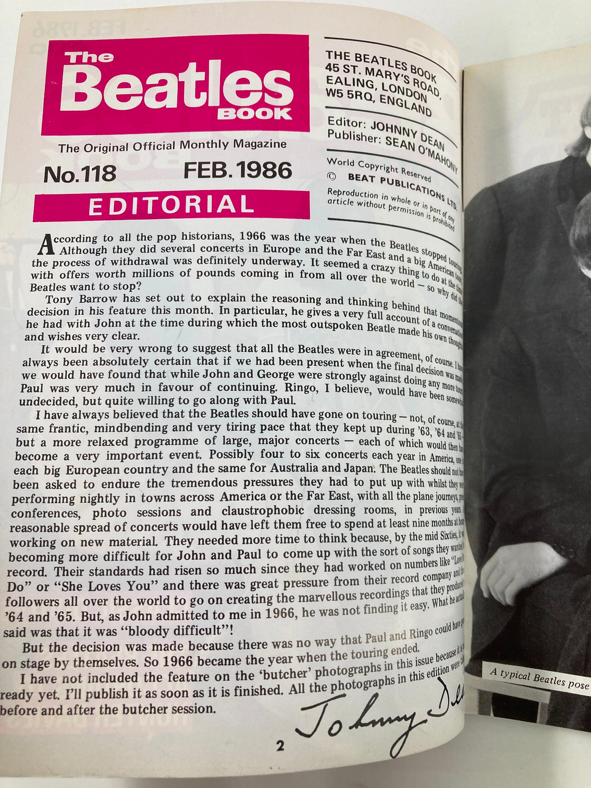 Editorial page from The Beatles Book Monthly Magazine February 1986, Issue #118. This page includes insights from editor Johnny Dean on the band's musicianship and historical context.
