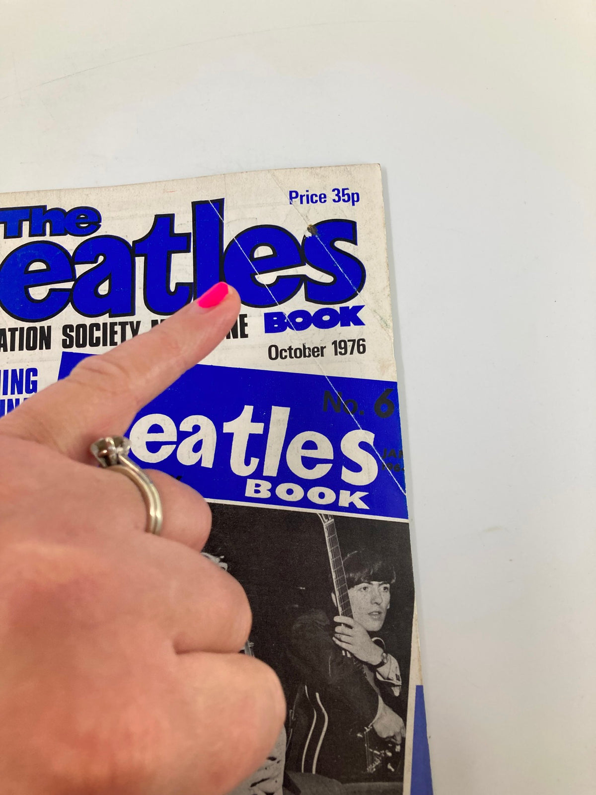 Close-up of The Beatles Book Monthly Magazine October 1976 #6 showing price and publication details.