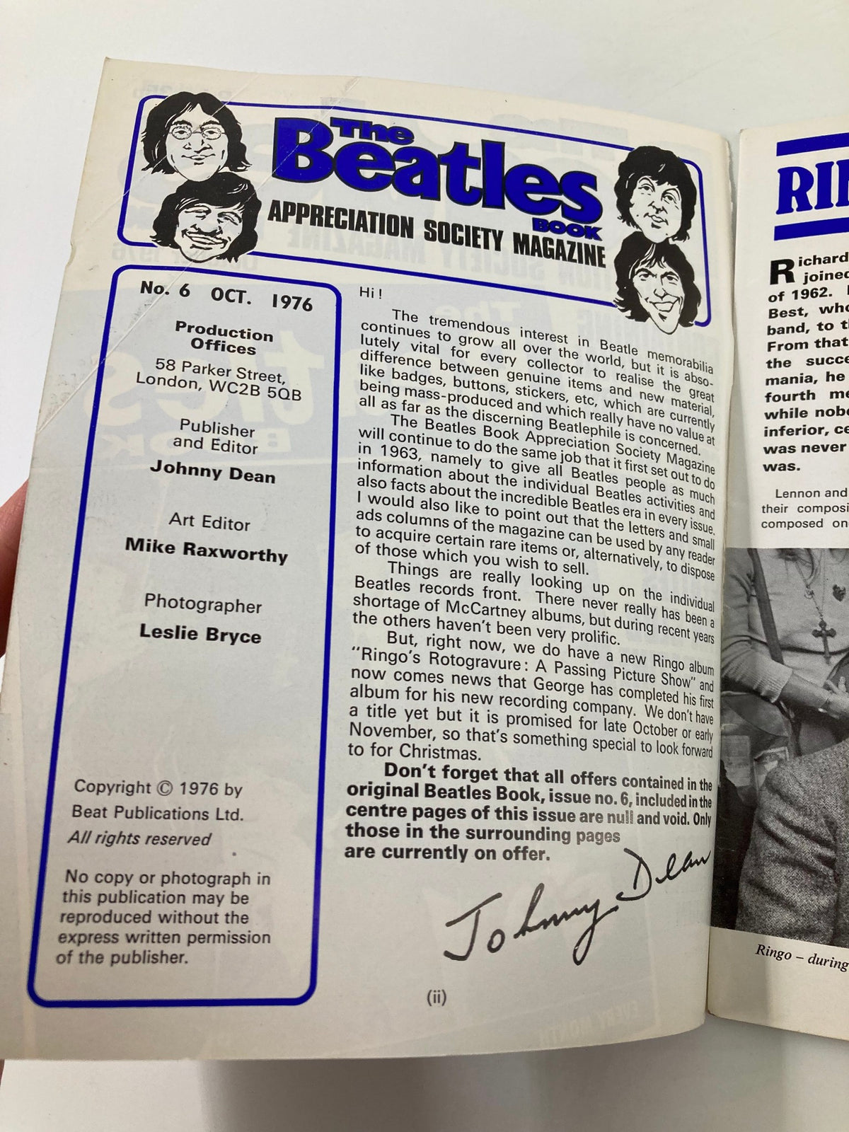 Inside page of The Beatles Book Monthly Magazine October 1976 #6 featuring editorial information and signature from Johnny Dean.
