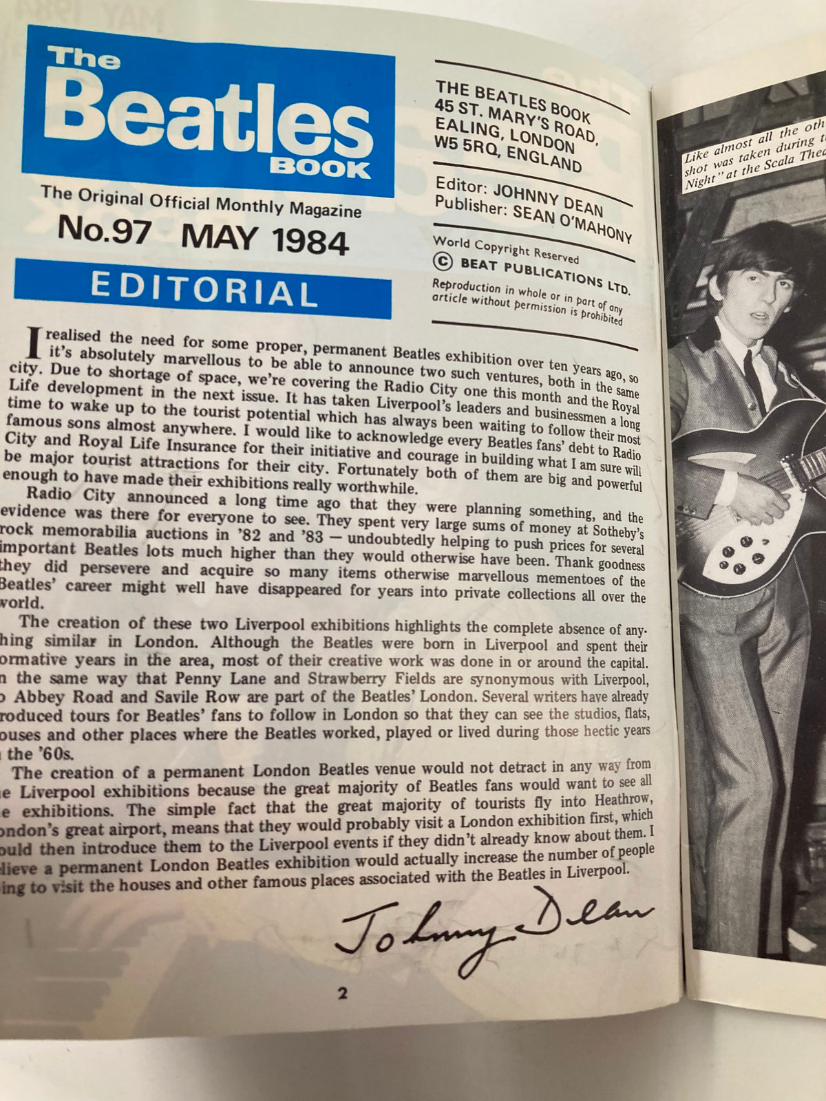Editorial page from 'The Beatles Book Monthly Magazine', May 1984, Issue #97, featuring an introduction by Johnny Dean discussing Beatles exhibitions.