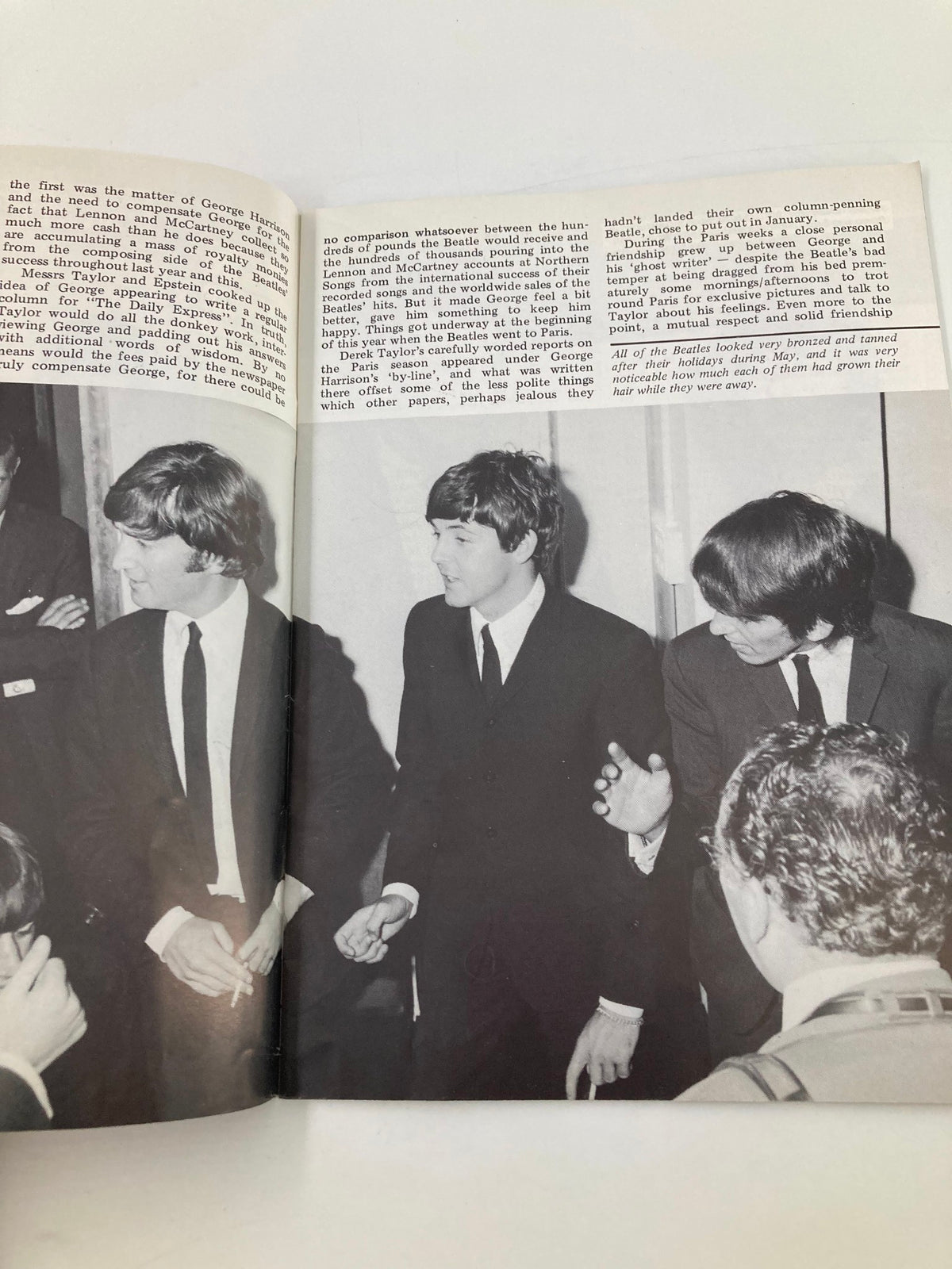 Another press conference image from The Beatles Book Monthly Magazine, June 1984, Issue #98, featuring The Beatles discussing their experiences and significance in music history.