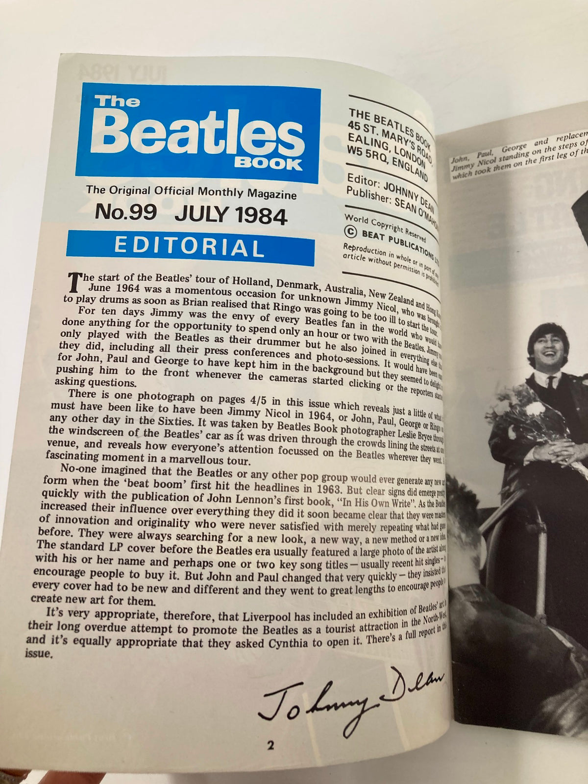 Editorial page of The Beatles Book Monthly Magazine July 1984 #99 detailing the history of the Beatles tour and featuring the magazine's logo.