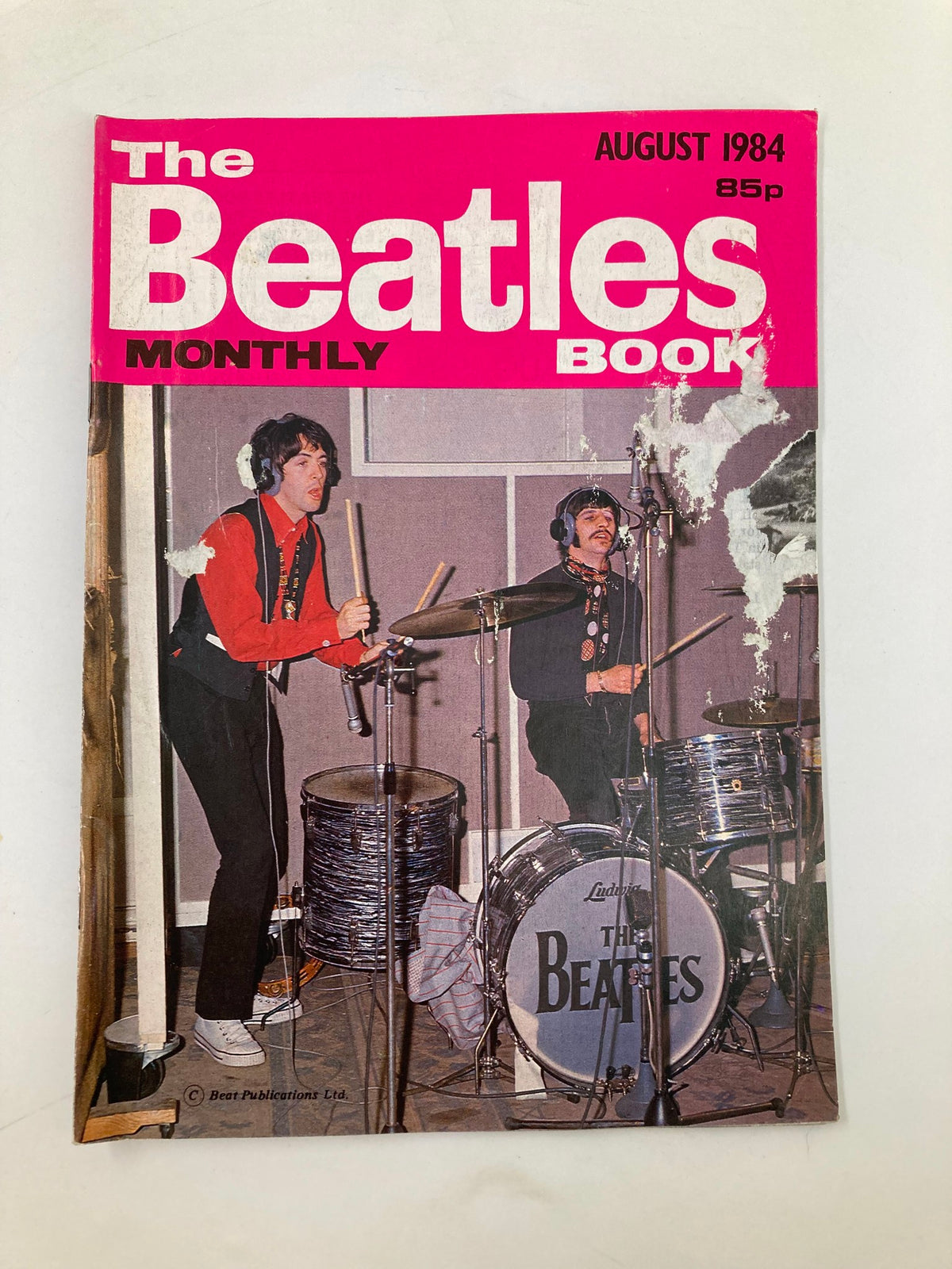 The Beatles Book Monthly Magazine August 1984 cover featuring Paul McCartney and Ringo Starr performing in a studio setting.