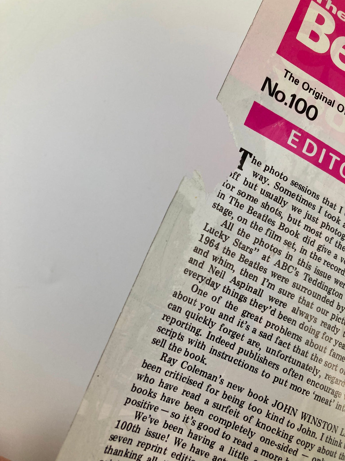 Back cover of The Beatles Book Monthly Magazine August 1984 showing editorial content with minor wear and tear.