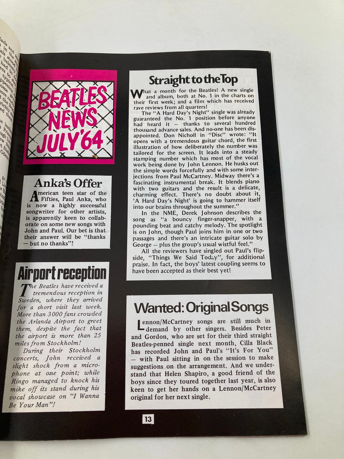 Inside page of The Beatles Book Monthly Magazine August 1984 with Beatles news from July 1964 detailing their music and public reception.