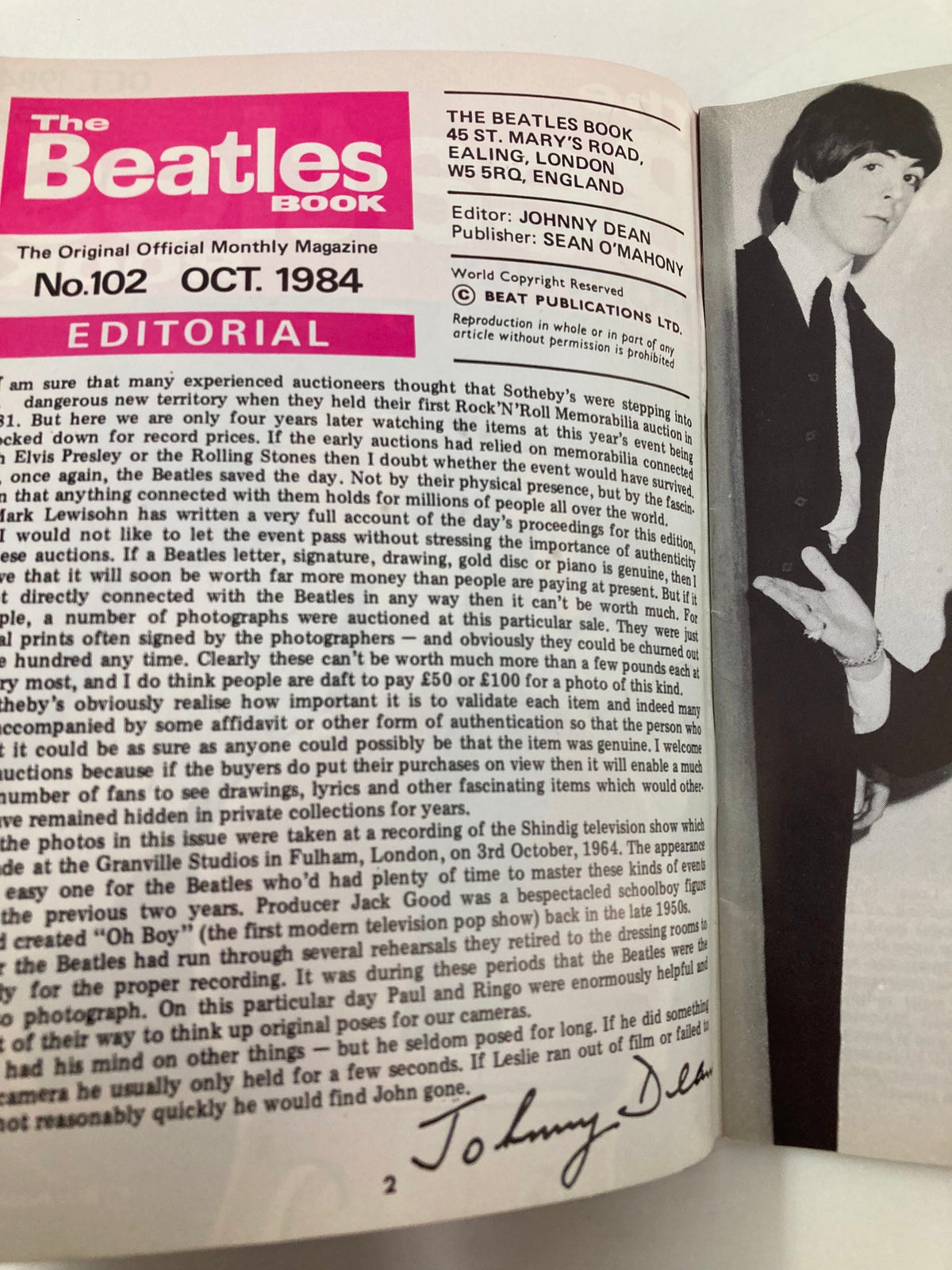 Inside page of The Beatles Book Monthly Magazine October 1984 #102 showing the editorial section with details about the magazine's publication.