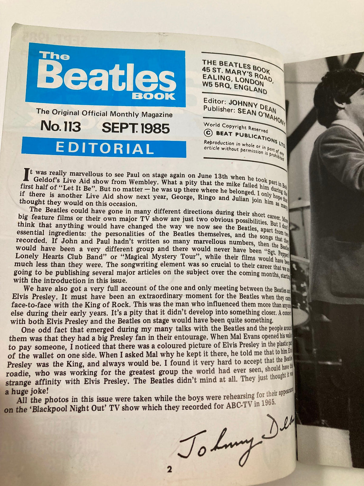 Editorial page of The Beatles Book Monthly Magazine September 1985 Issue #113, highlighting past performances and special features, emphasizing the editorial's nostalgic context.