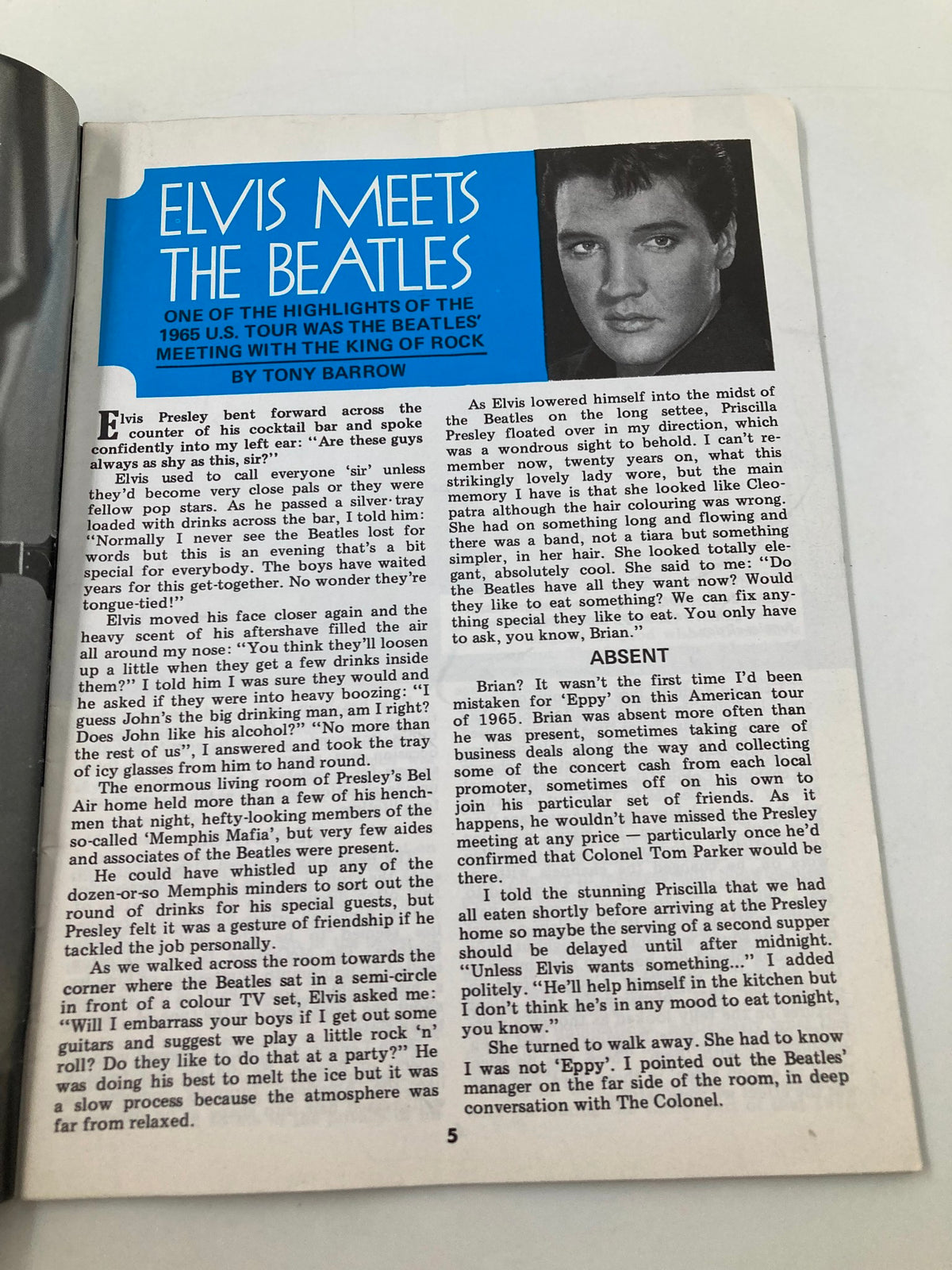 An article titled 'Elvis Meets The Beatles', showcasing a moment from the 1965 U.S. tour where The Beatles met Elvis Presley. The page features an image of Elvis and text discussing this historical meeting and its significance in rock music. This is a feature of The Beatles Book Monthly Magazine September 1985 #113.