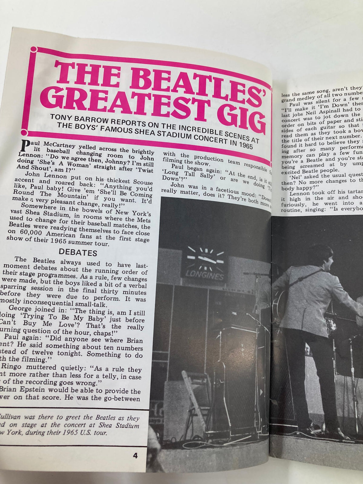 Inside page of The Beatles Book Monthly Magazine, October 1985, showcasing an article titled 'The Beatles' Greatest Gig' with historical notes about the Shea Stadium concert.