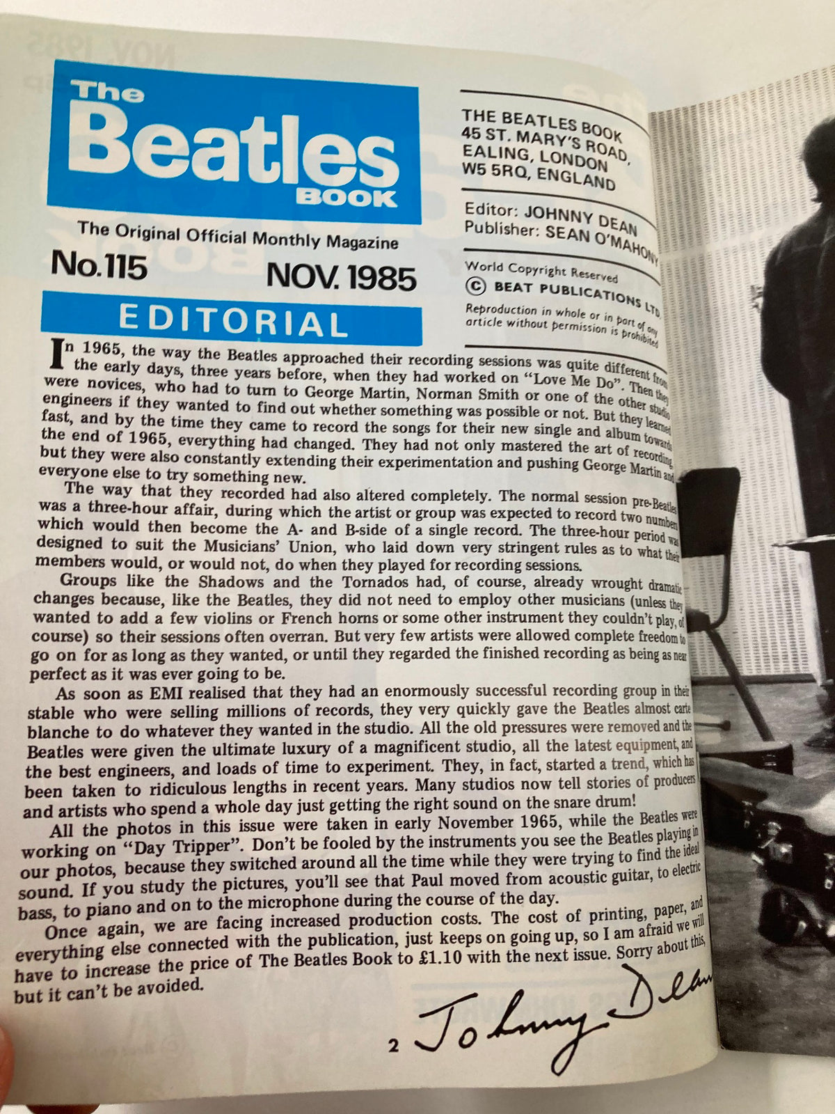 Interior page of The Beatles Book Monthly Magazine November 1985 showing the editorial section, discussing the evolution of The Beatles' recording sessions.