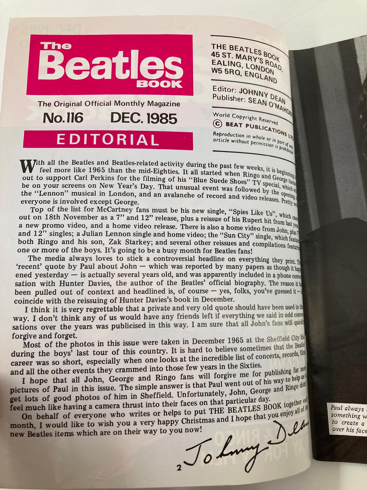 Editorial page of The Beatles Book Monthly Magazine, December 1985 Issue #116, outlining the magazine's top stories and reflecting on Beatles-related activities in music at the time.