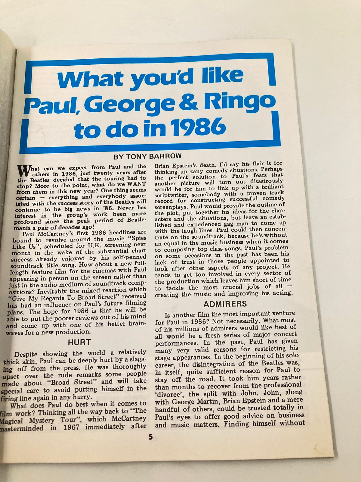 Page from The Beatles Book Monthly Magazine January 1986 #117 featuring an article titled 'What you'd like Paul, George & Ringo to do in 1986' by Tony Barrow, discussing the future of the Beatles and Paul McCartney's film career.